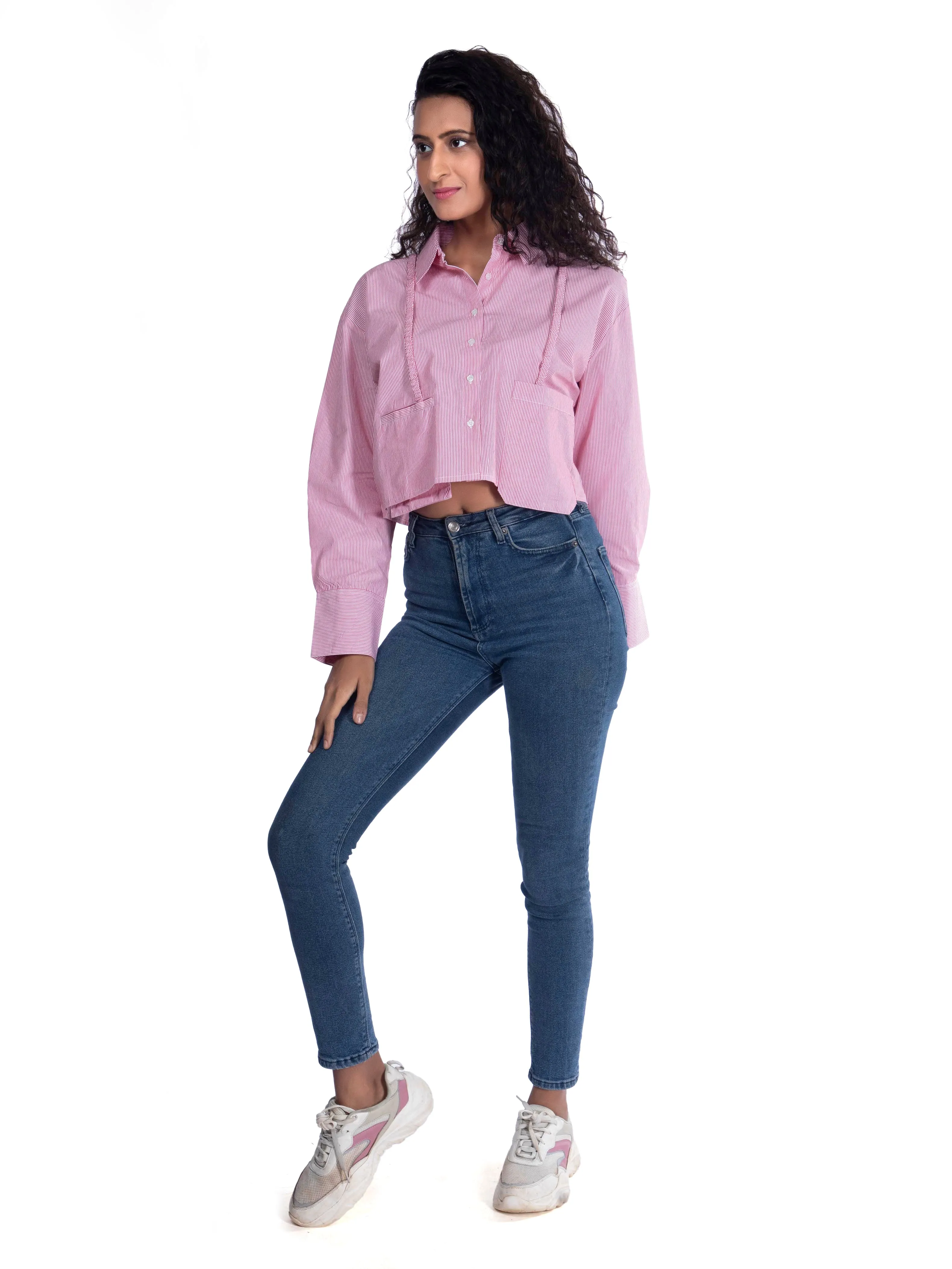 Pink Crop Shirt: Striped Oversized Crop Top with Suspender Detail French Theory