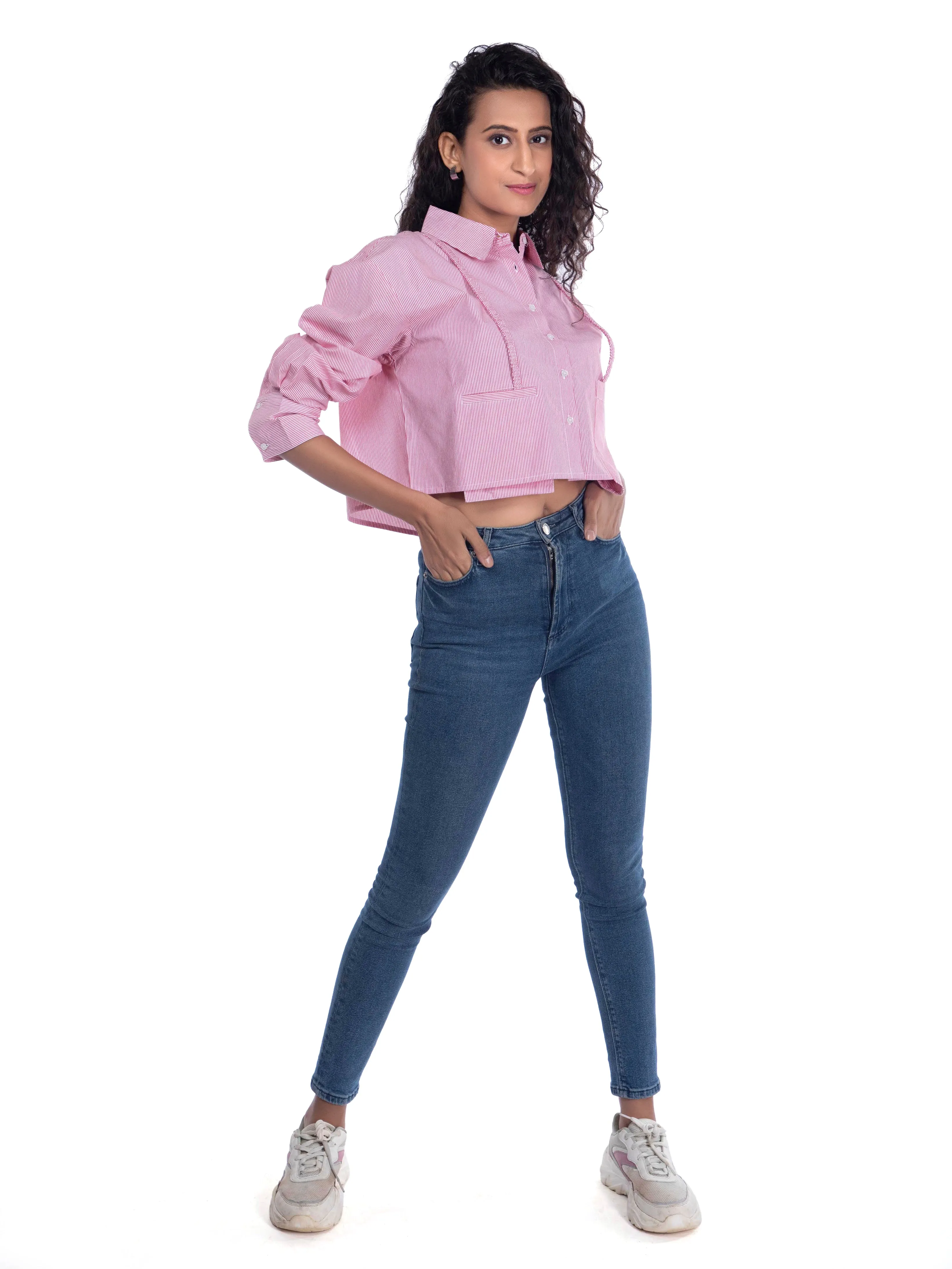 Pink Crop Shirt: Striped Oversized Crop Top with Suspender Detail French Theory