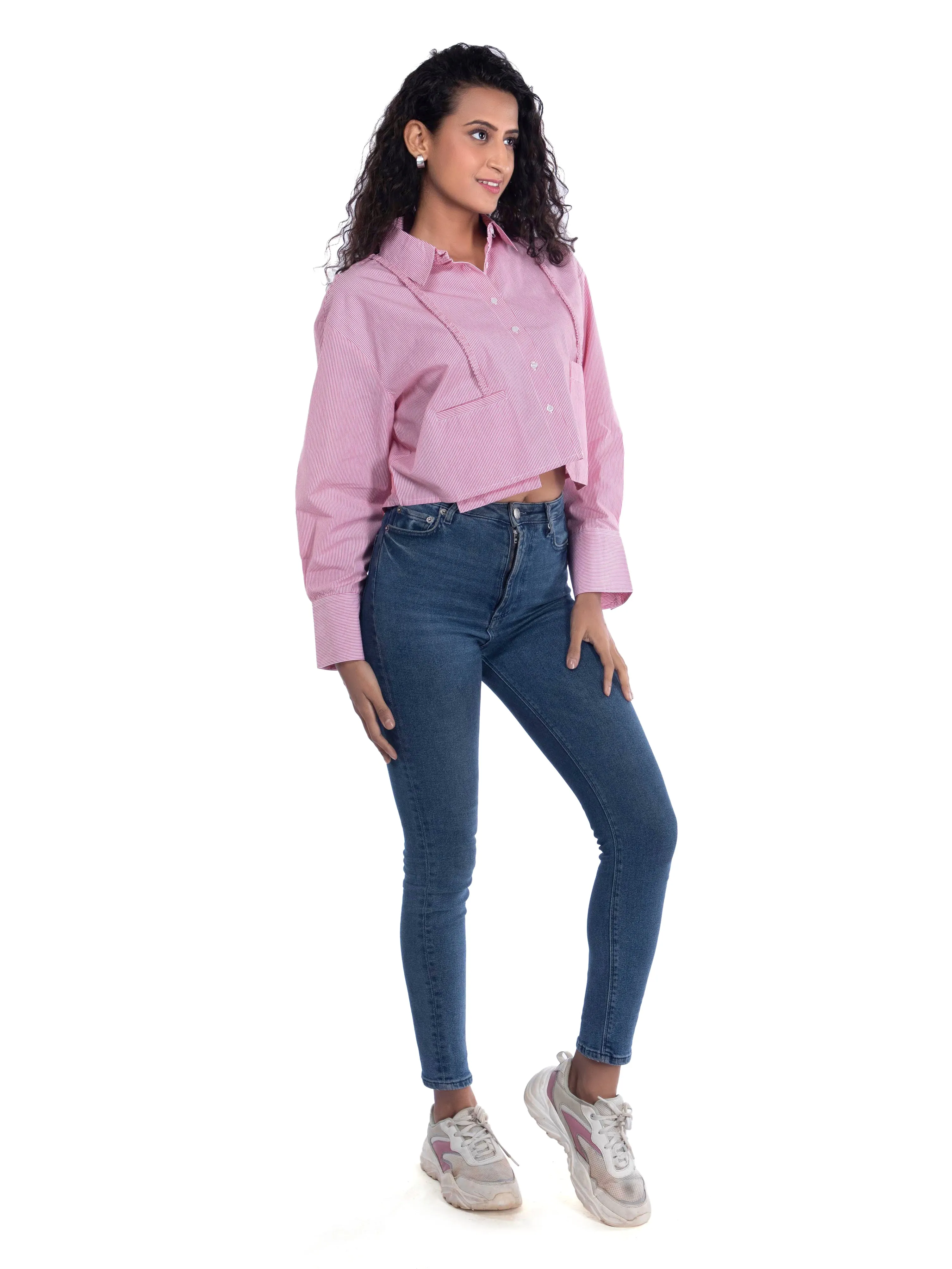 Pink Crop Shirt: Striped Oversized Crop Top with Suspender Detail French Theory