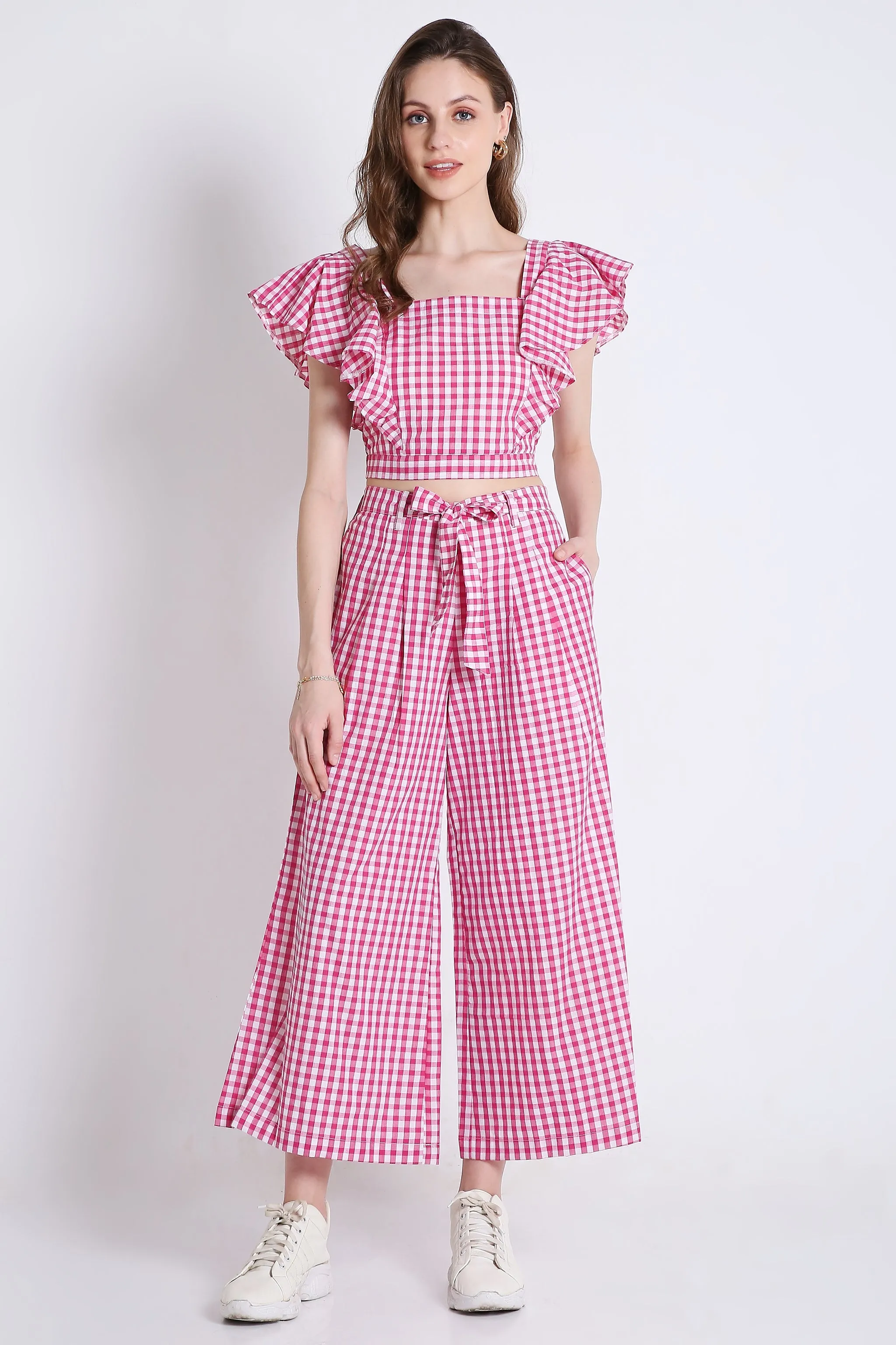 Pink Long Flared Checks Pant French Theory