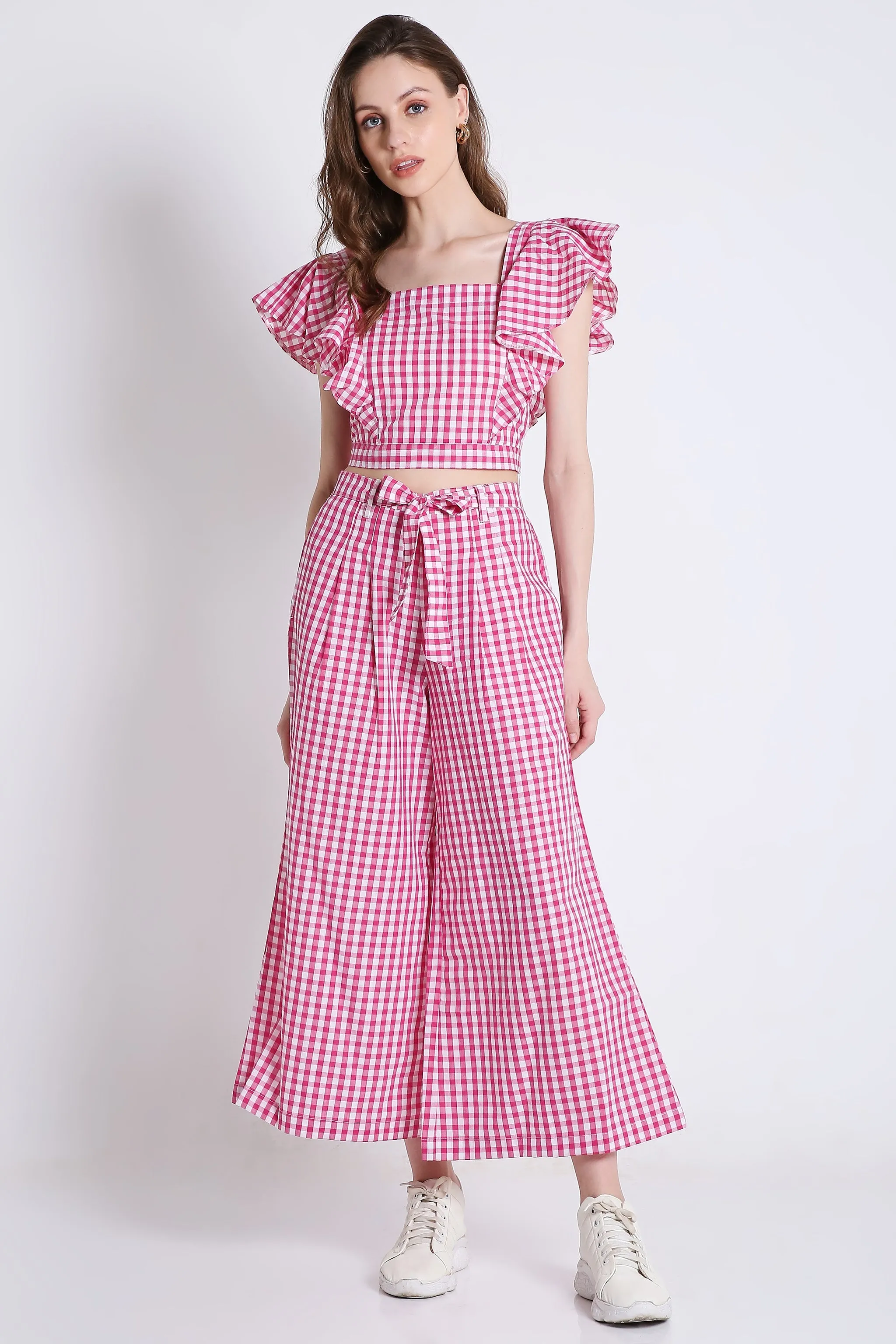 Pink Long Flared Checks Pant French Theory