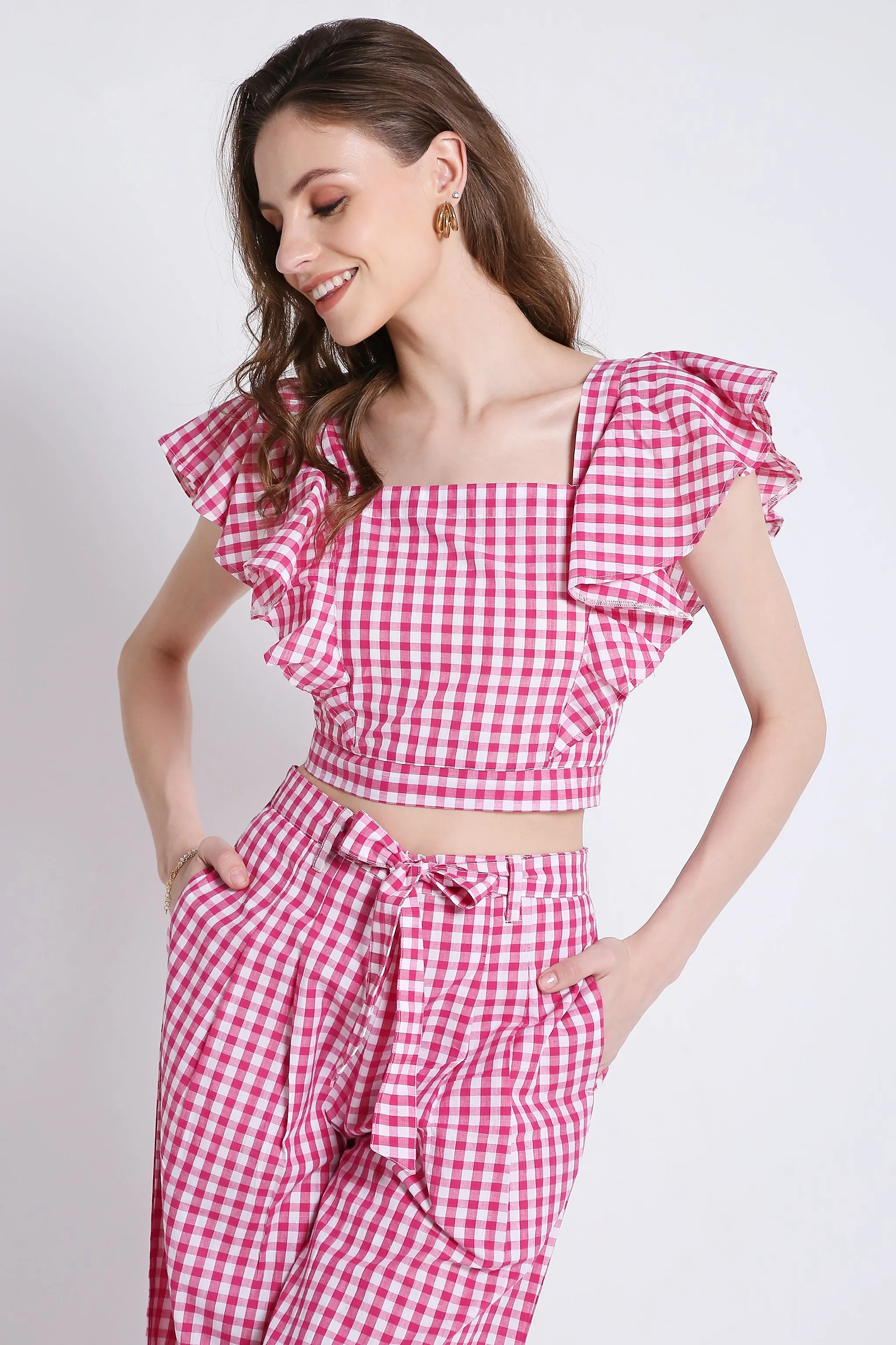 Pink Long Flared Checks Pant French Theory