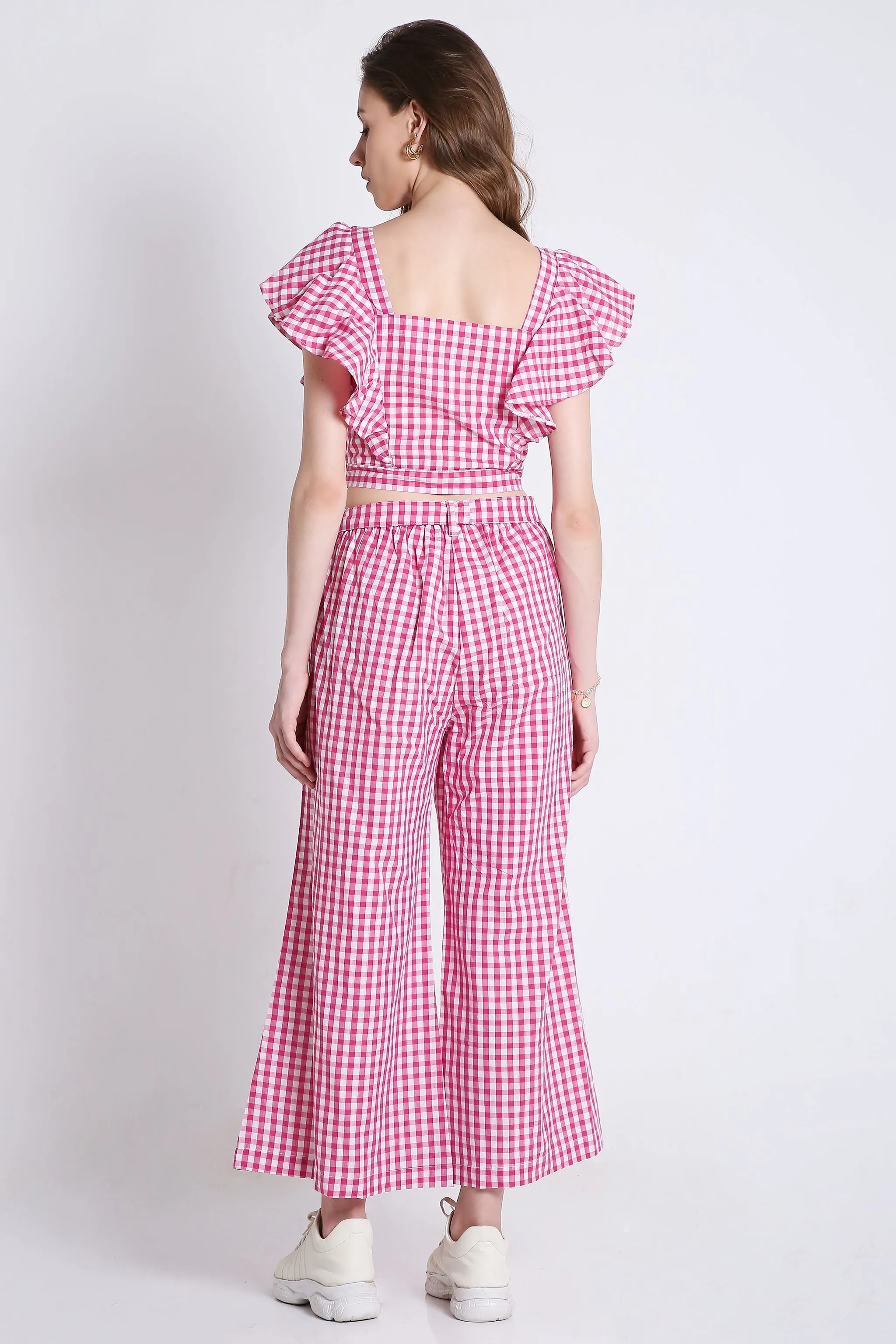 Pink Long Flared Checks Pant French Theory