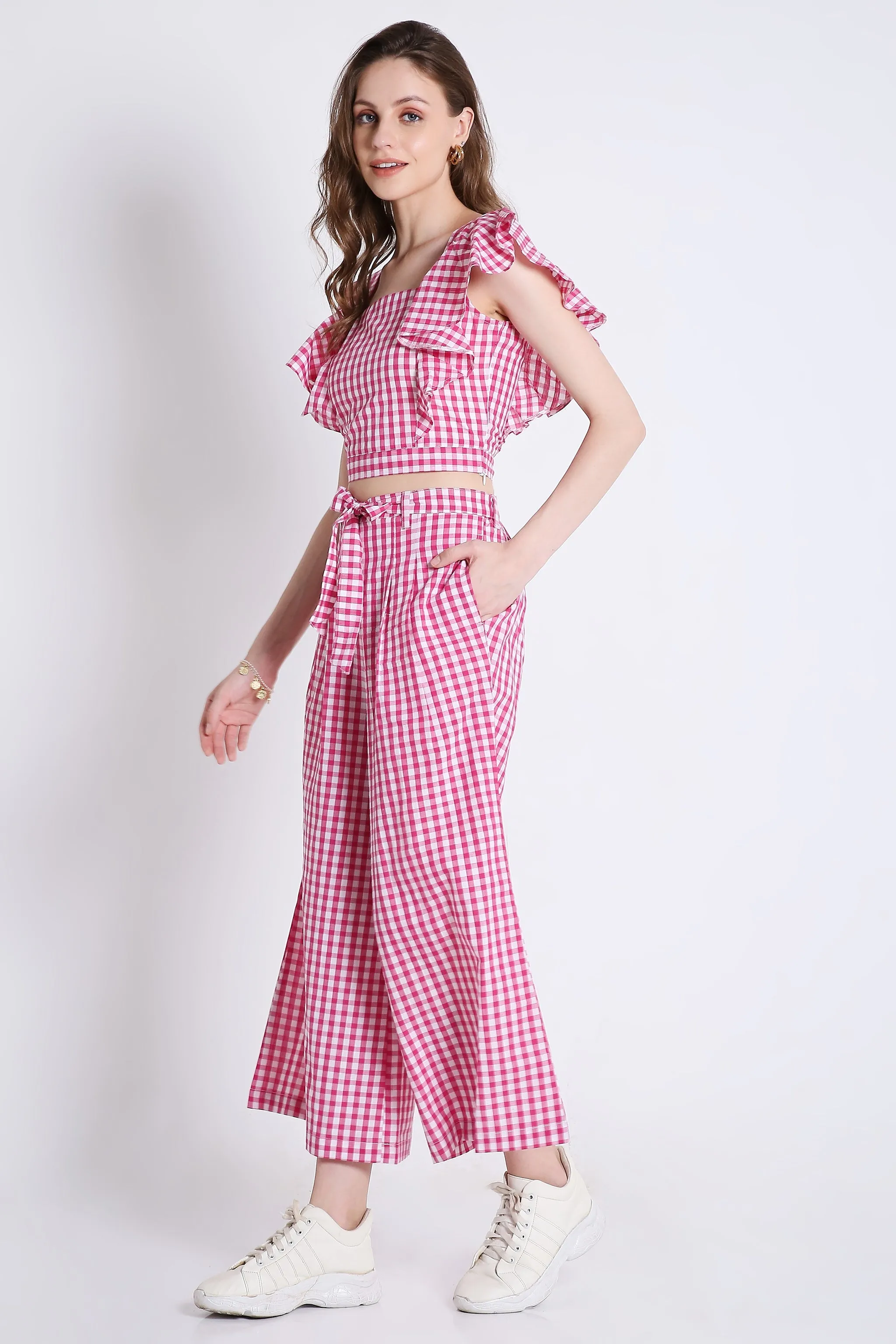 Pink Long Flared Checks Pant French Theory