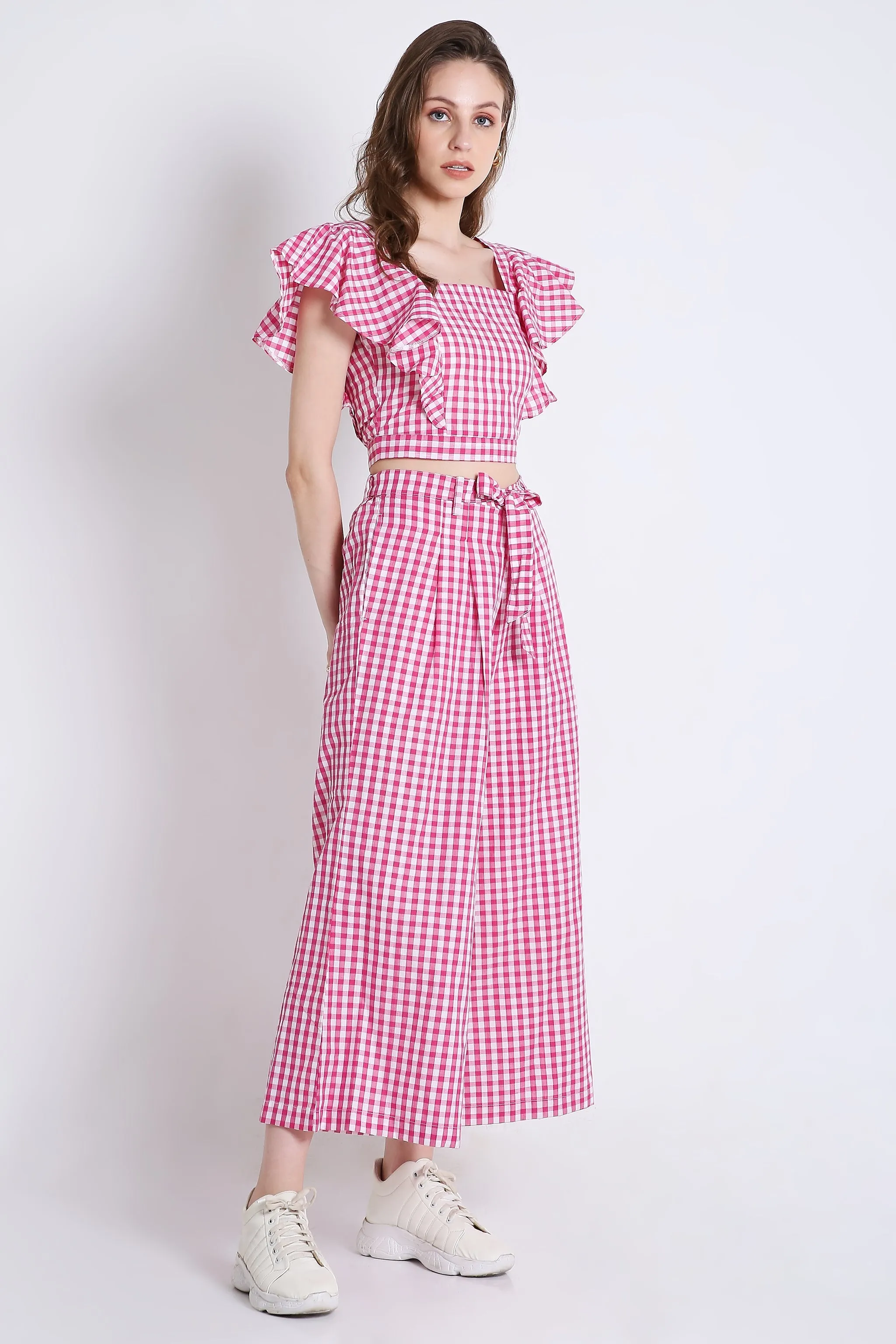 Pink Long Flared Checks Pant French Theory