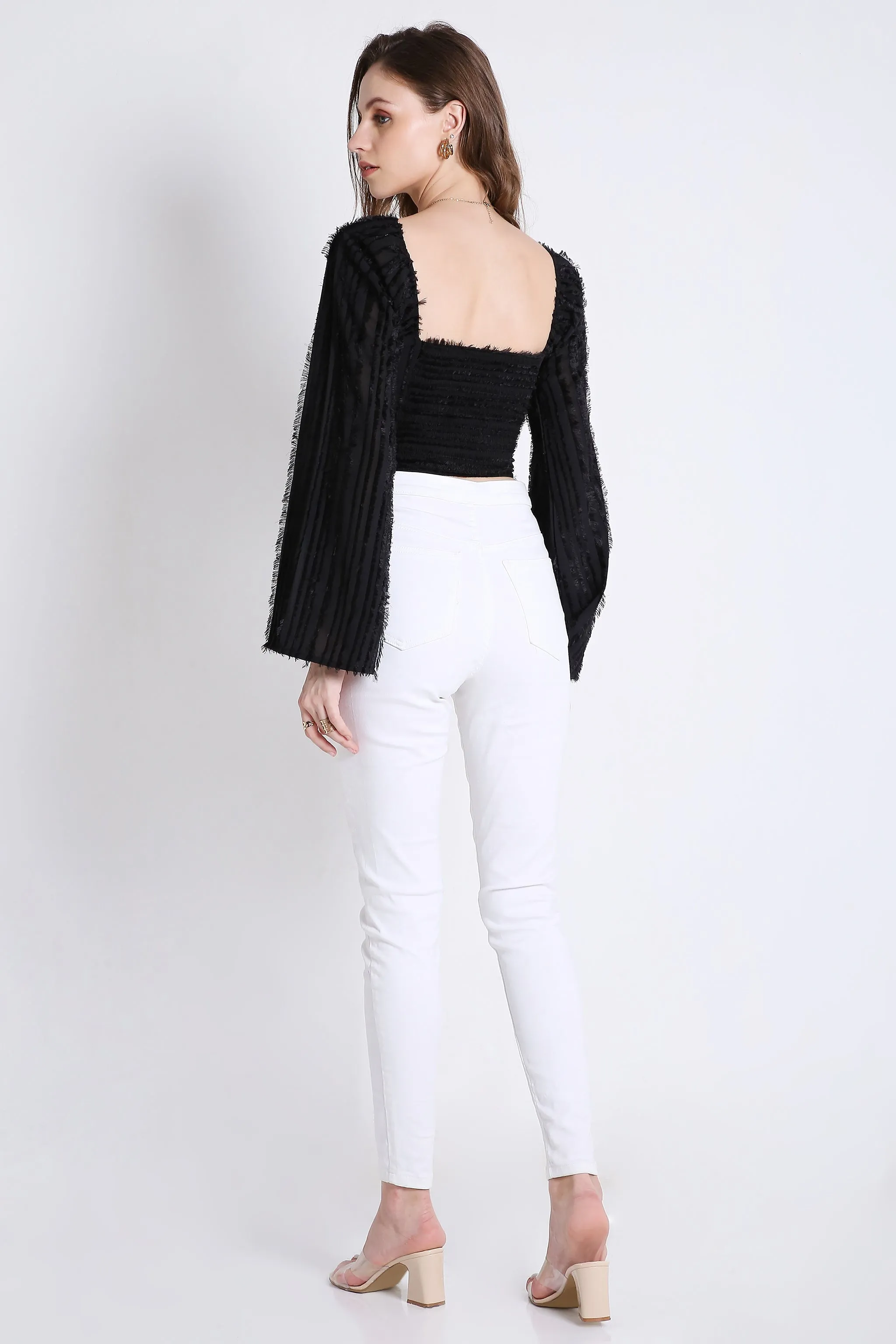 Poly Jacquard Stylish Black Top with Long Sleeve French Theory