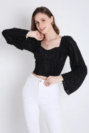 Poly Jacquard Stylish Black Top with Long Sleeve French Theory