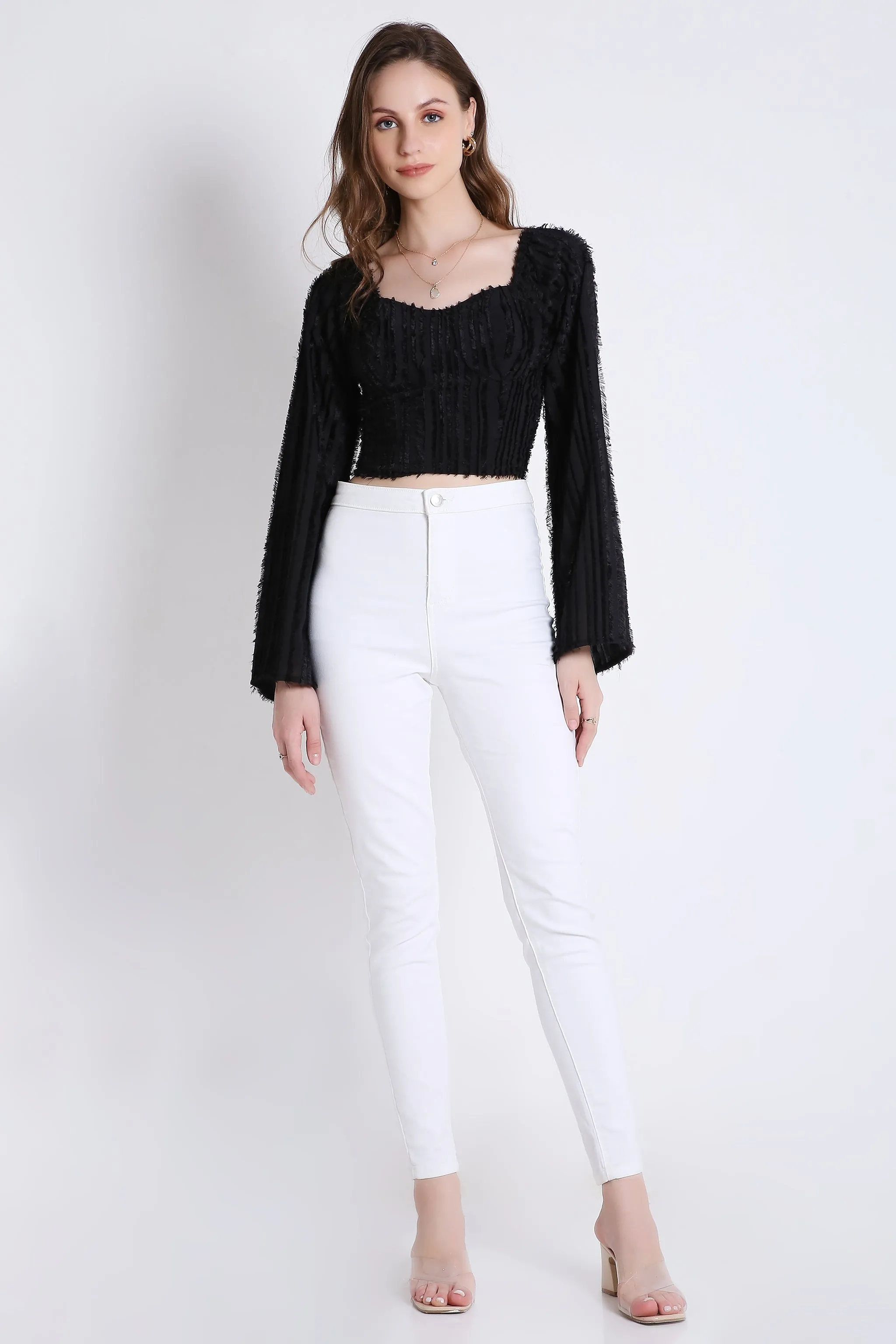 Poly Jacquard Stylish Black Top with Long Sleeve French Theory