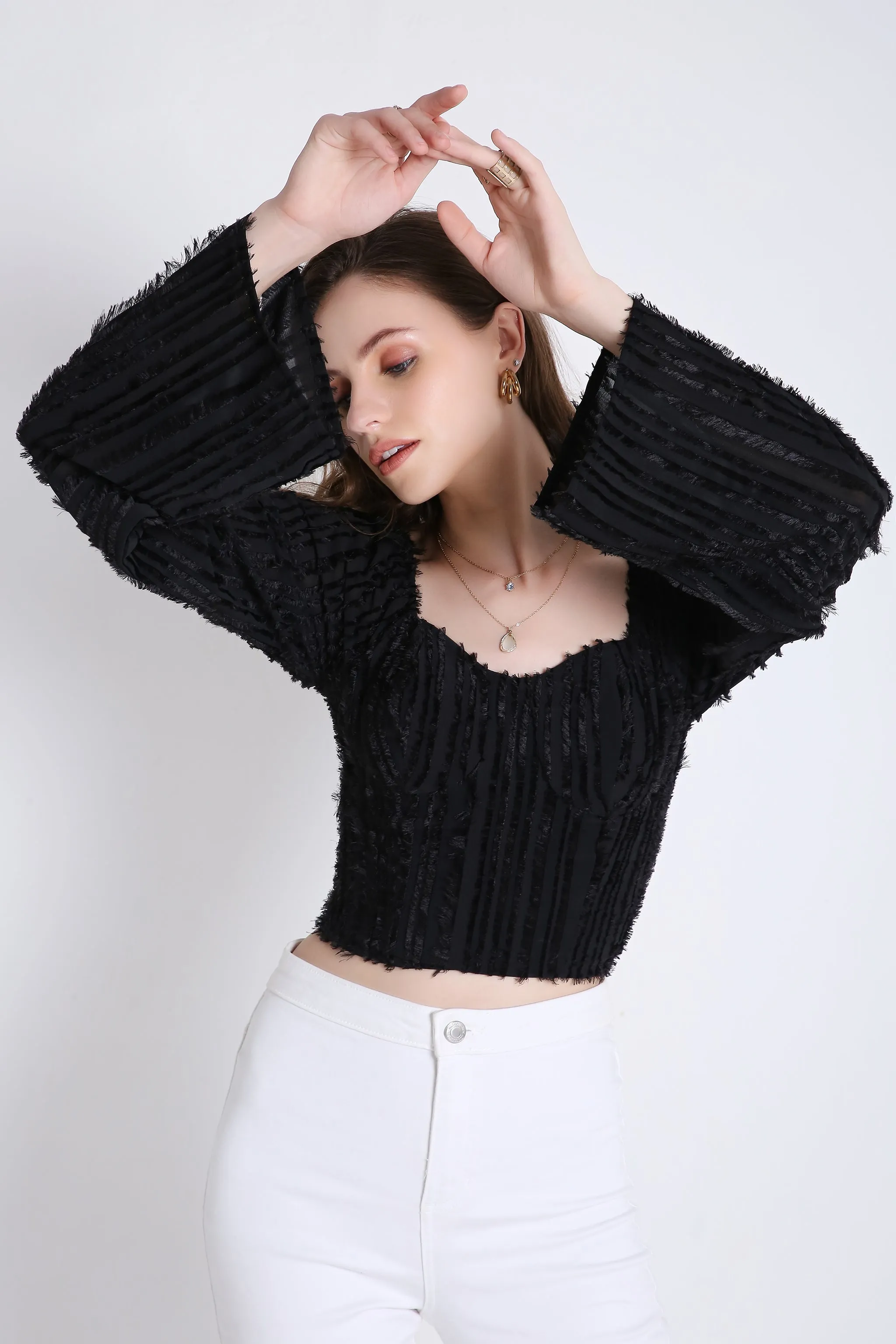Poly Jacquard Stylish Black Top with Long Sleeve French Theory