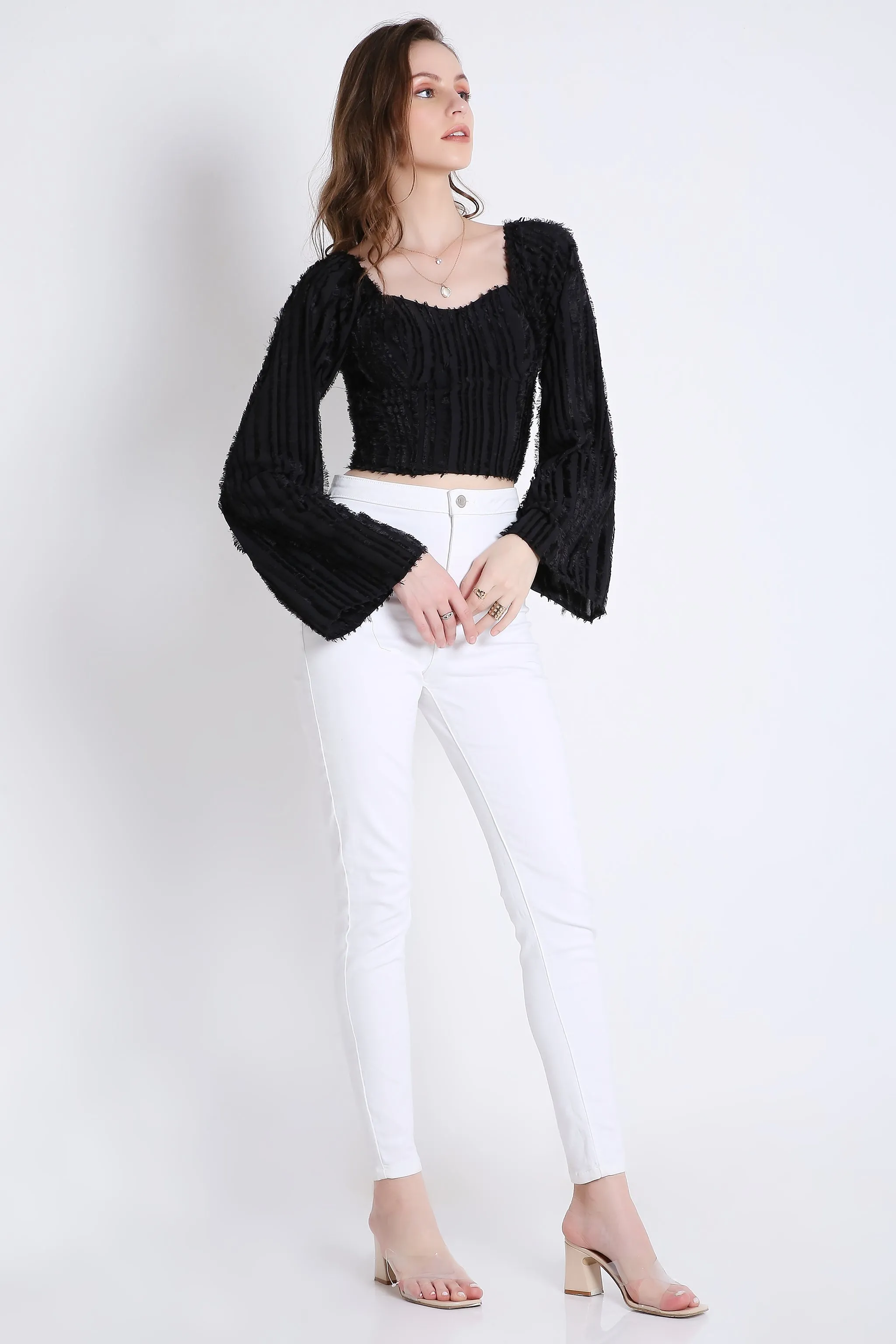Poly Jacquard Stylish Black Top with Long Sleeve French Theory