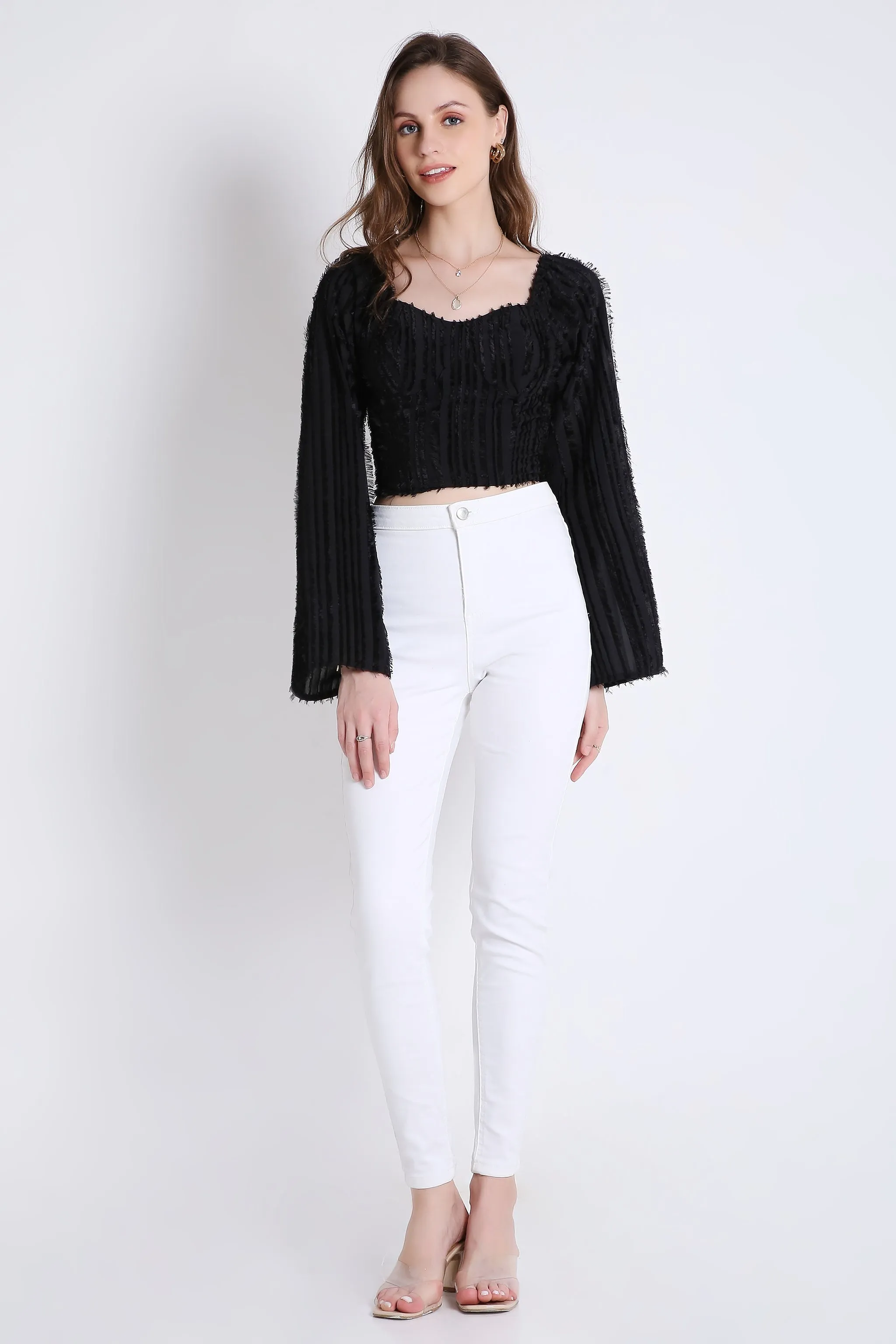 Poly Jacquard Stylish Black Top with Long Sleeve French Theory