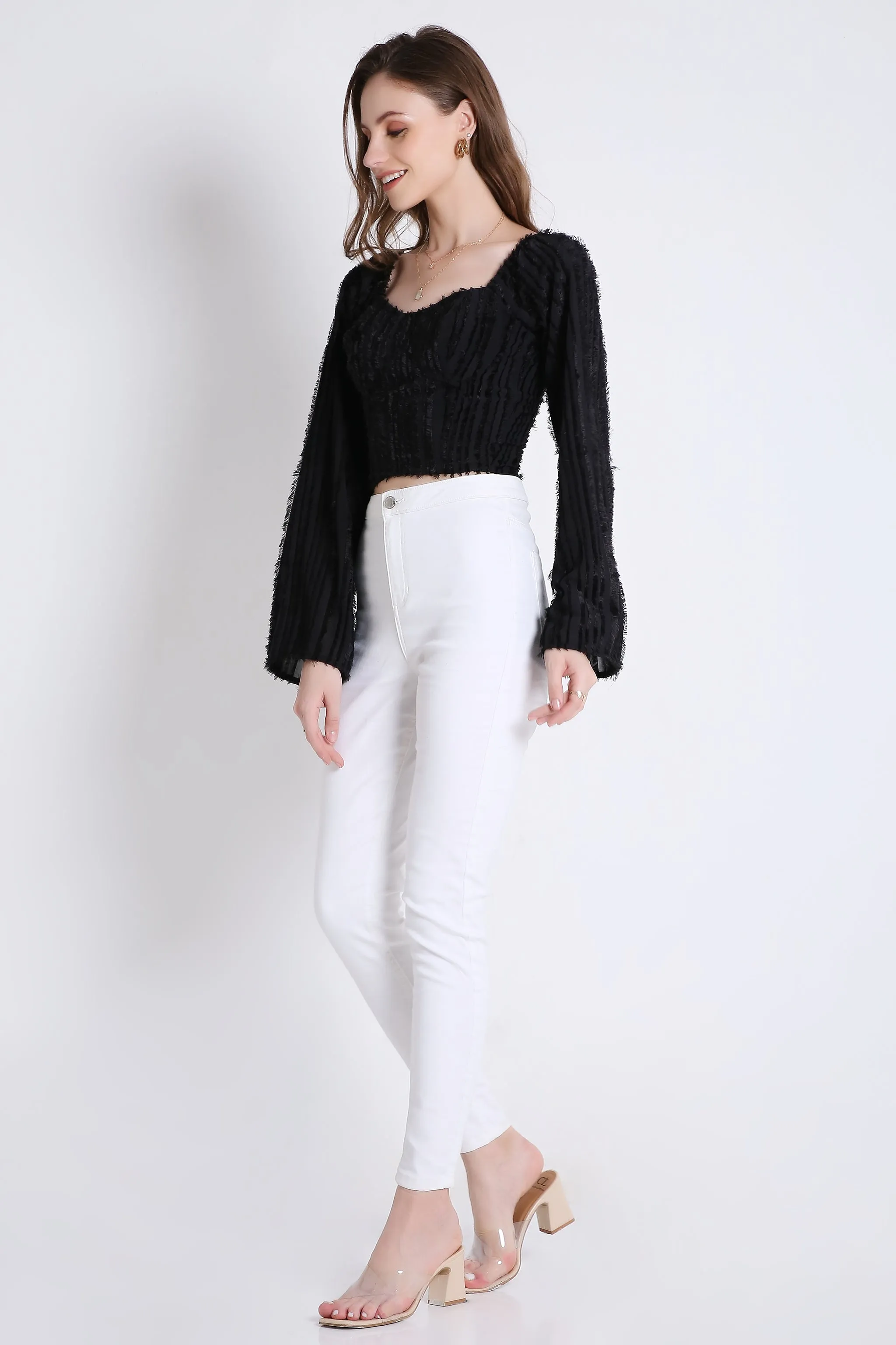 Poly Jacquard Stylish Black Top with Long Sleeve French Theory