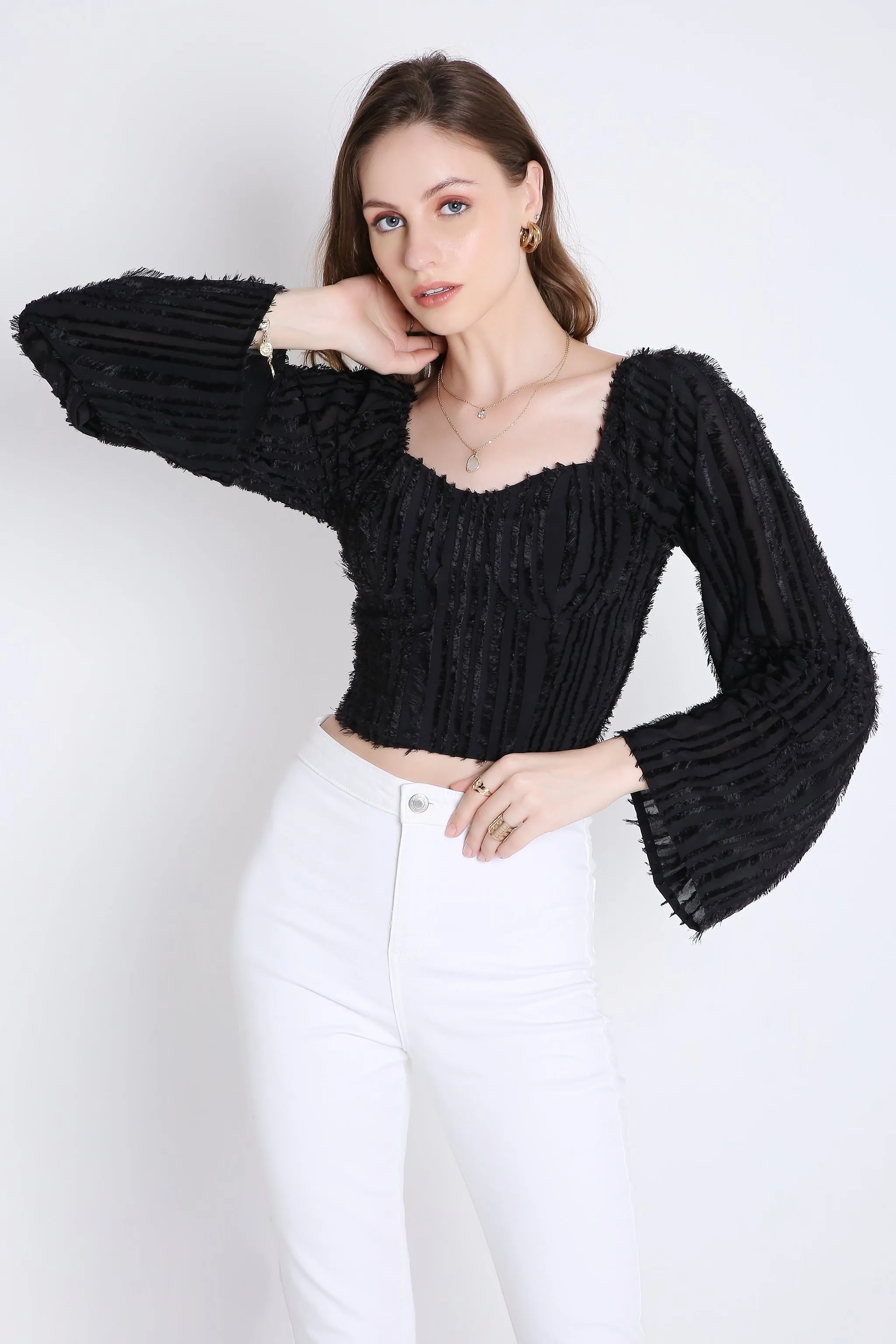 Poly Jacquard Stylish Black Top with Long Sleeve French Theory
