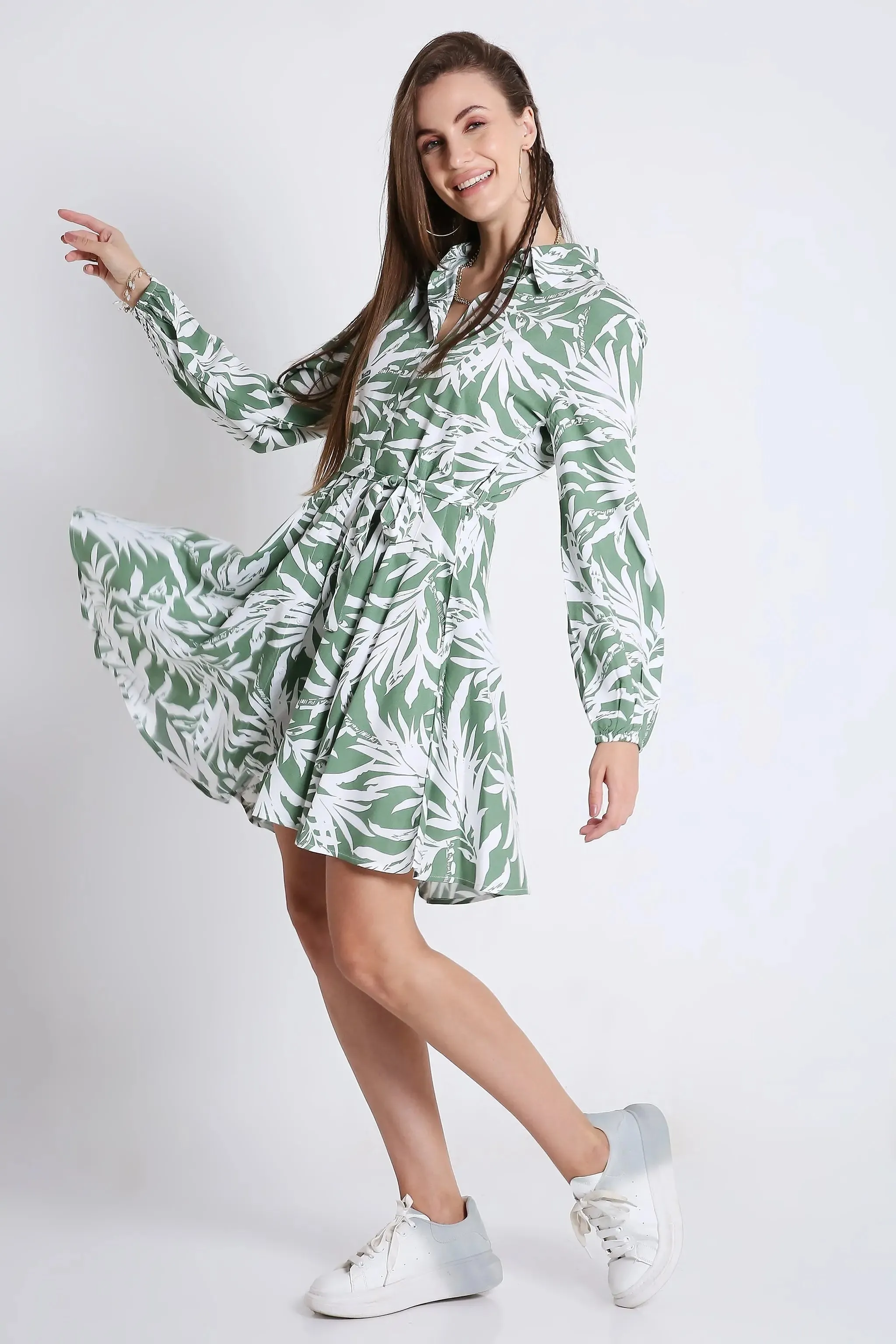 Printed & Flared Long Sleeve Dress French Theory
