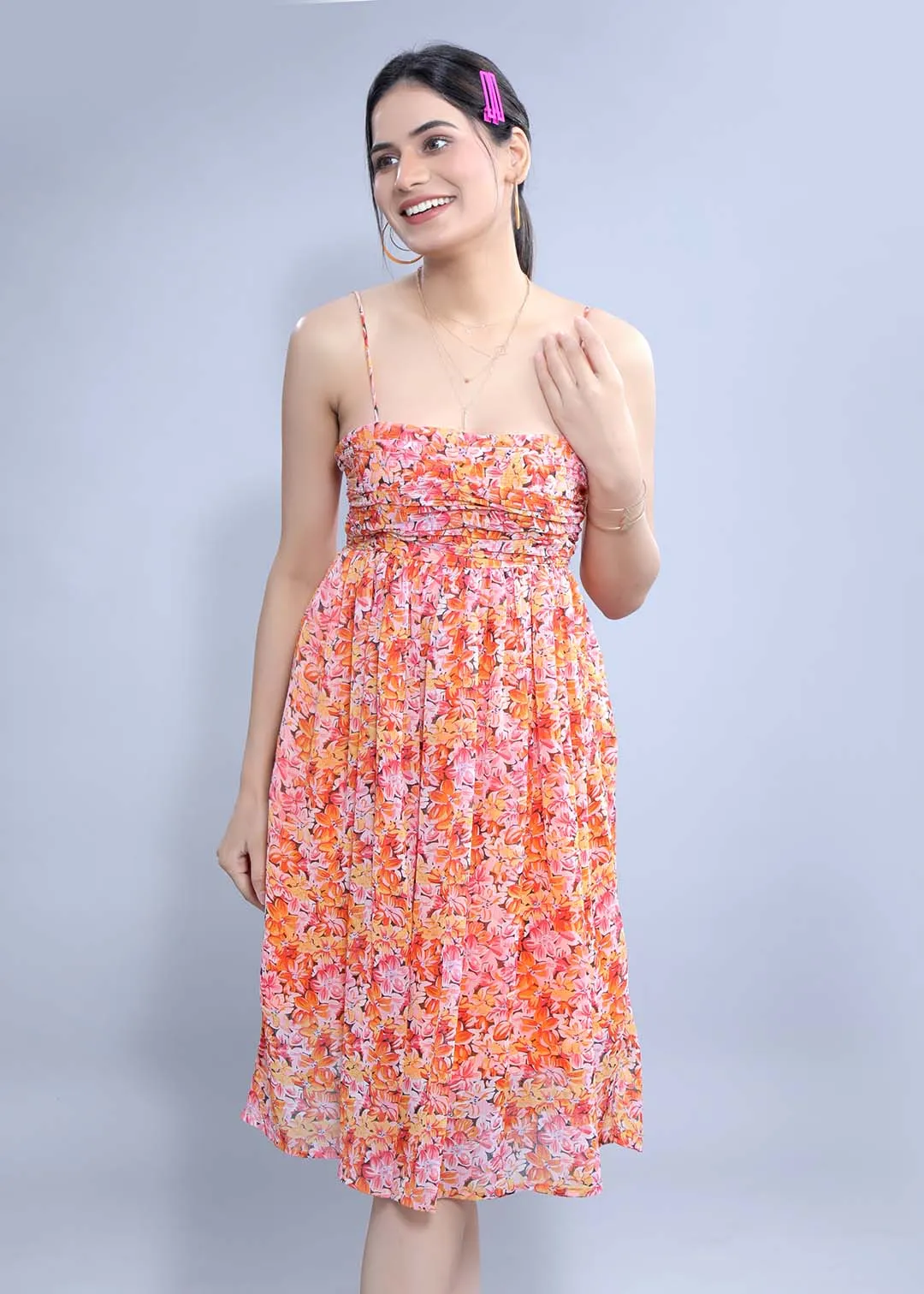 Printed Gathered Chiffon Dress French Theory