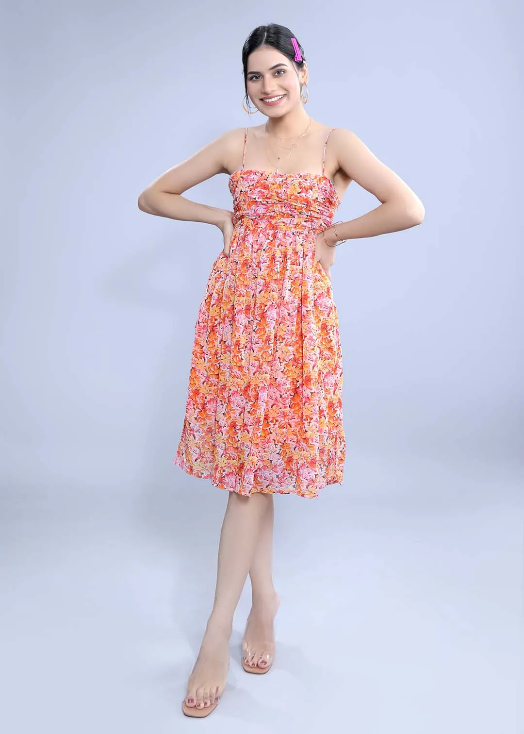 Printed Gathered Chiffon Dress French Theory