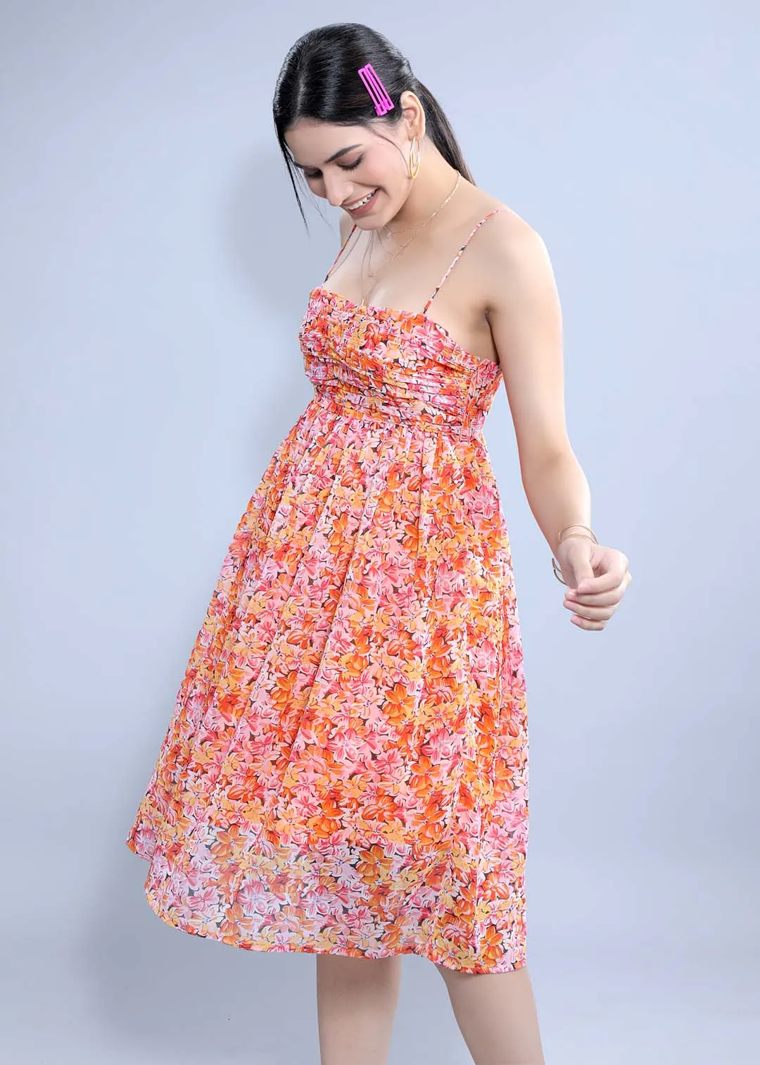 Printed Gathered Chiffon Dress French Theory