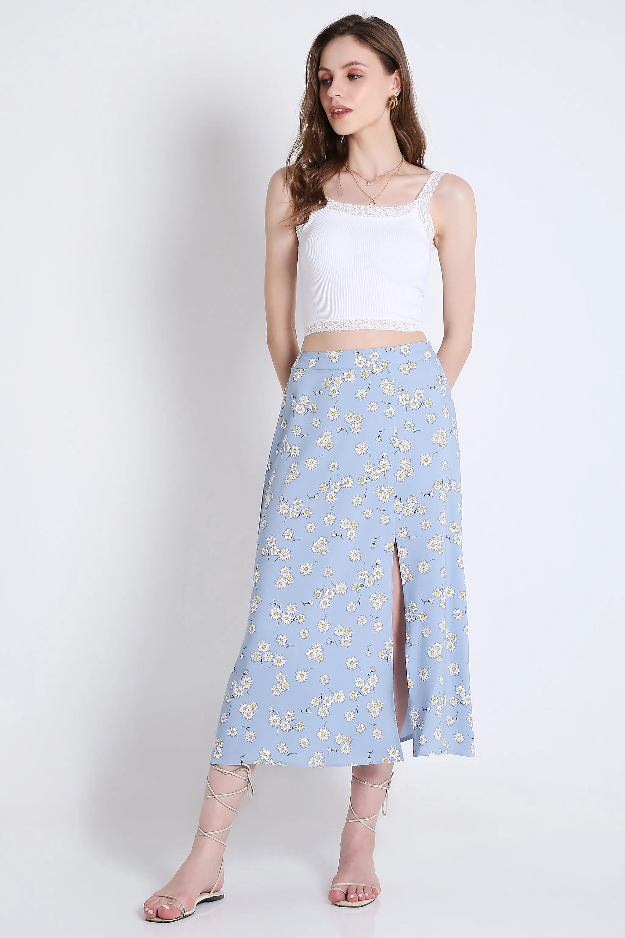 Printed Summer Midi Skirt with Slit French Theory
