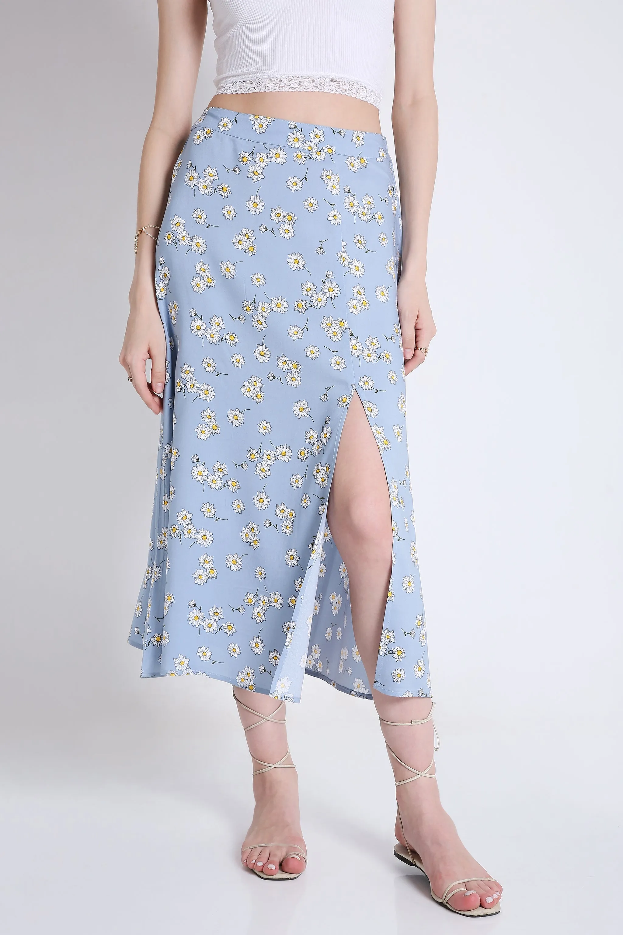 Printed Summer Midi Skirt with Slit French Theory