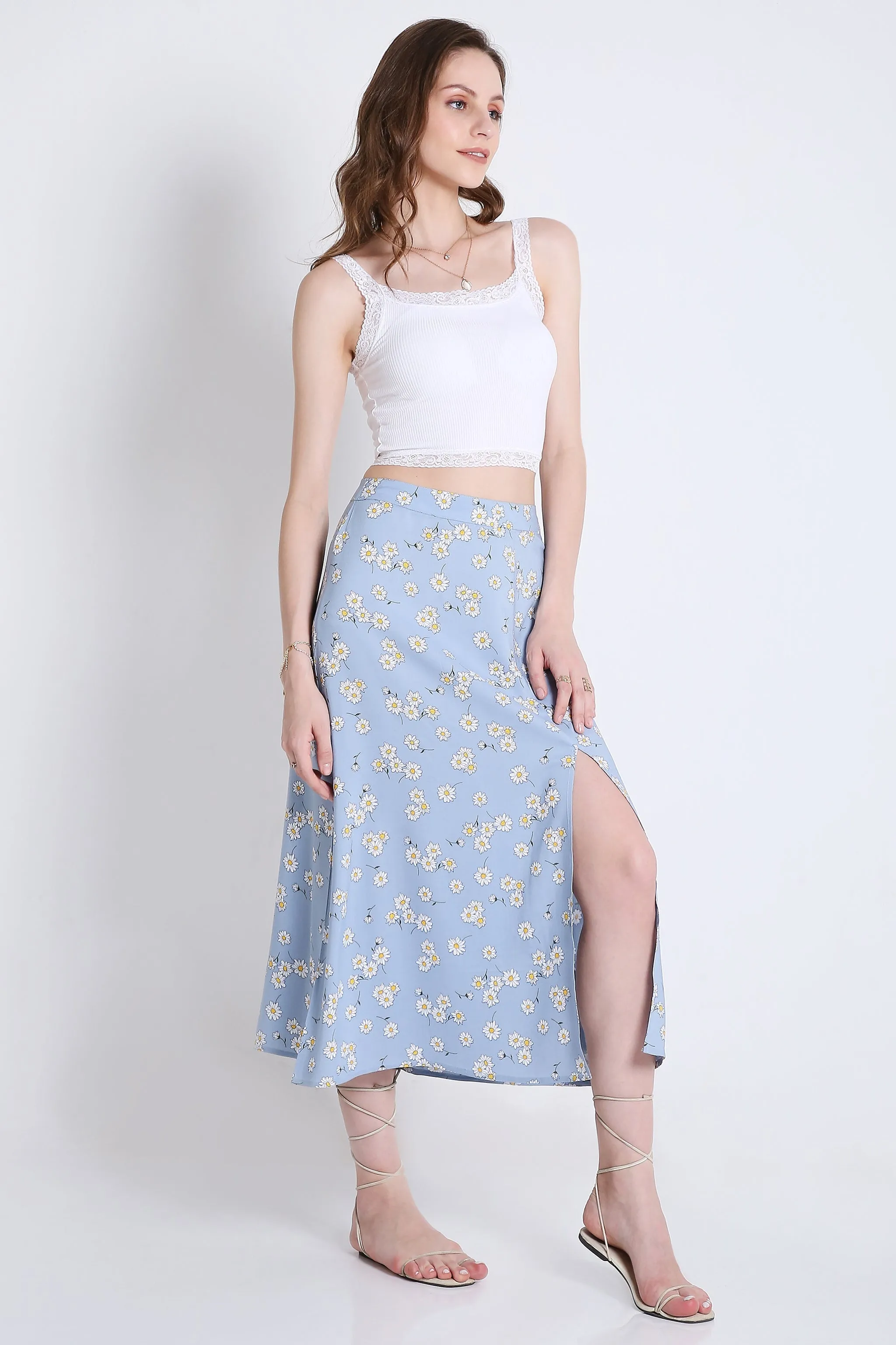 Printed Summer Midi Skirt with Slit French Theory