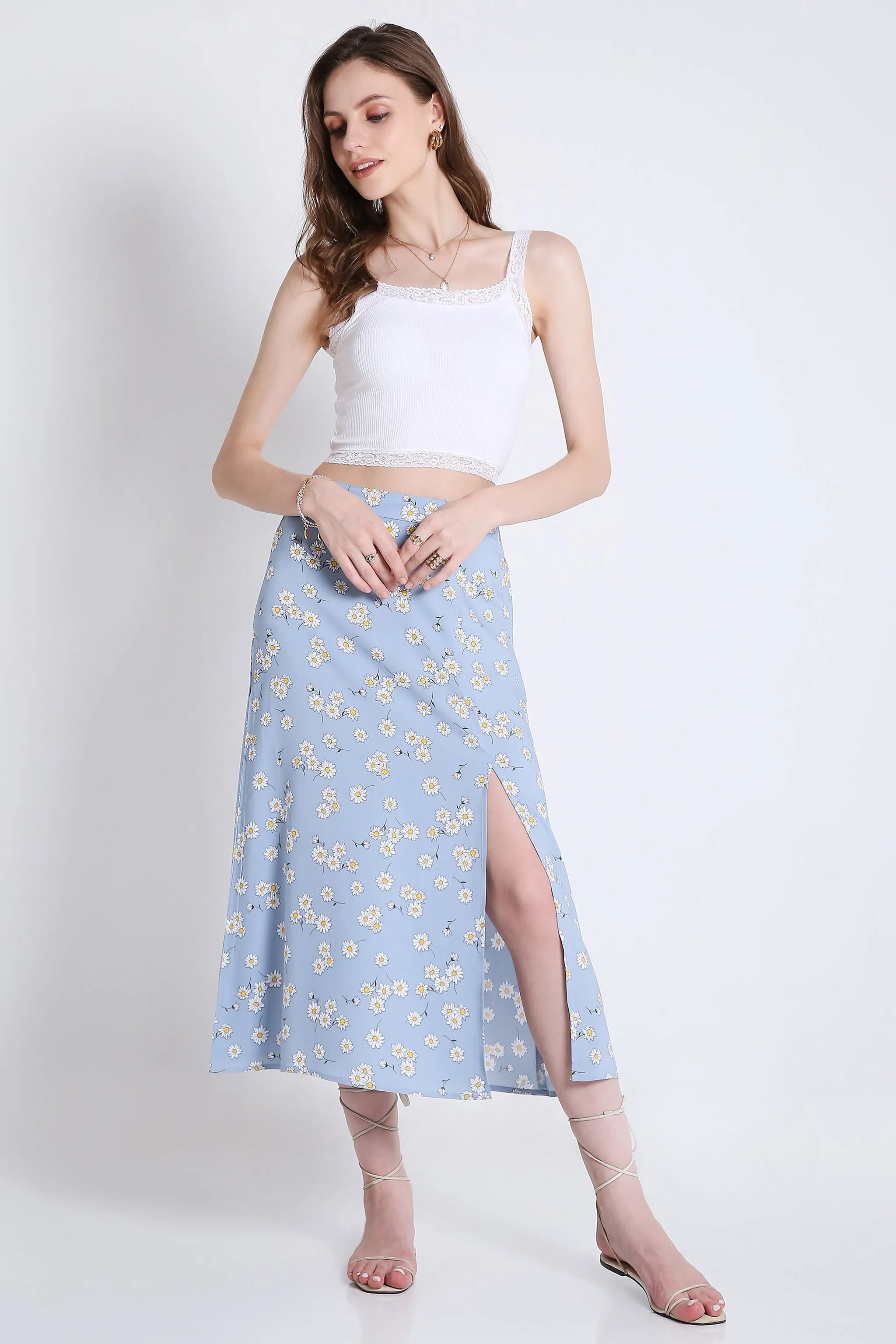 Printed Summer Midi Skirt with Slit French Theory