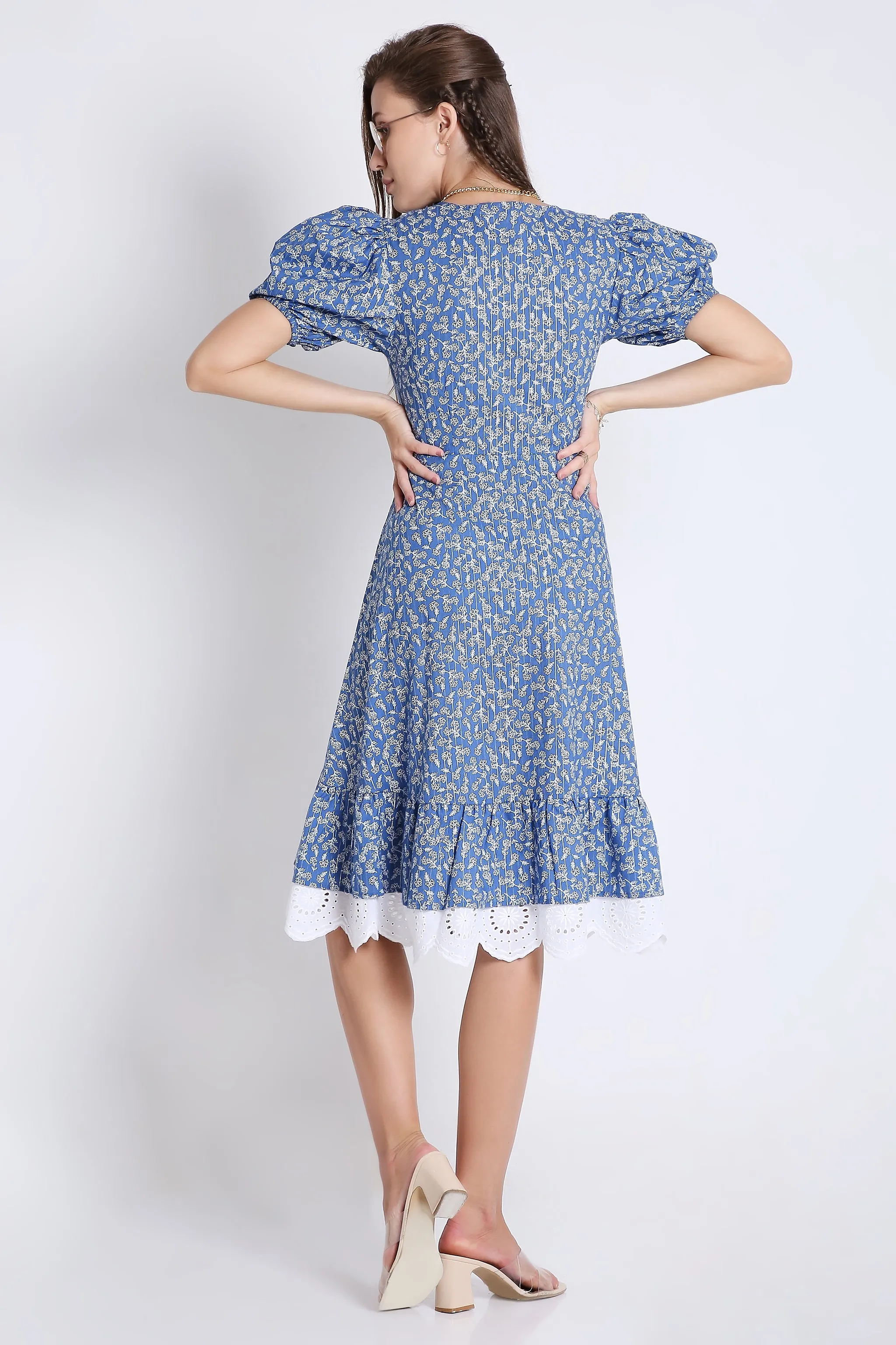 Puff Sleeve & Contrast Lace Detail Blue Midi Dress French Theory