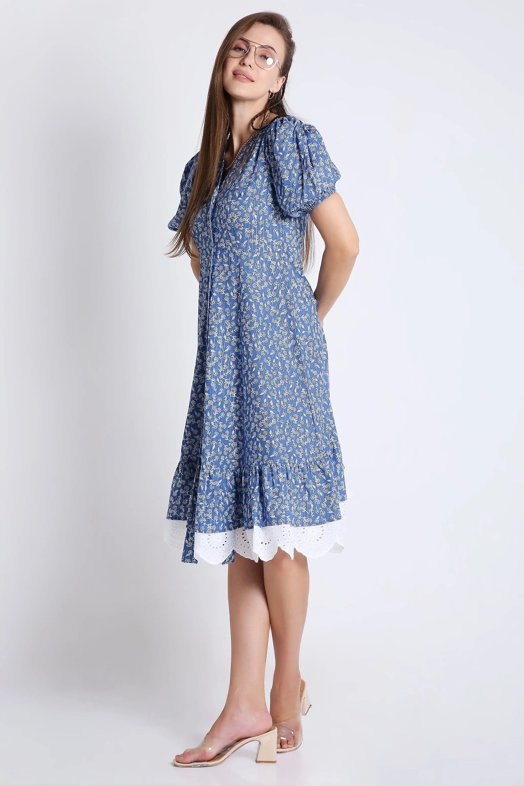 Puff Sleeve & Contrast Lace Detail Blue Midi Dress French Theory