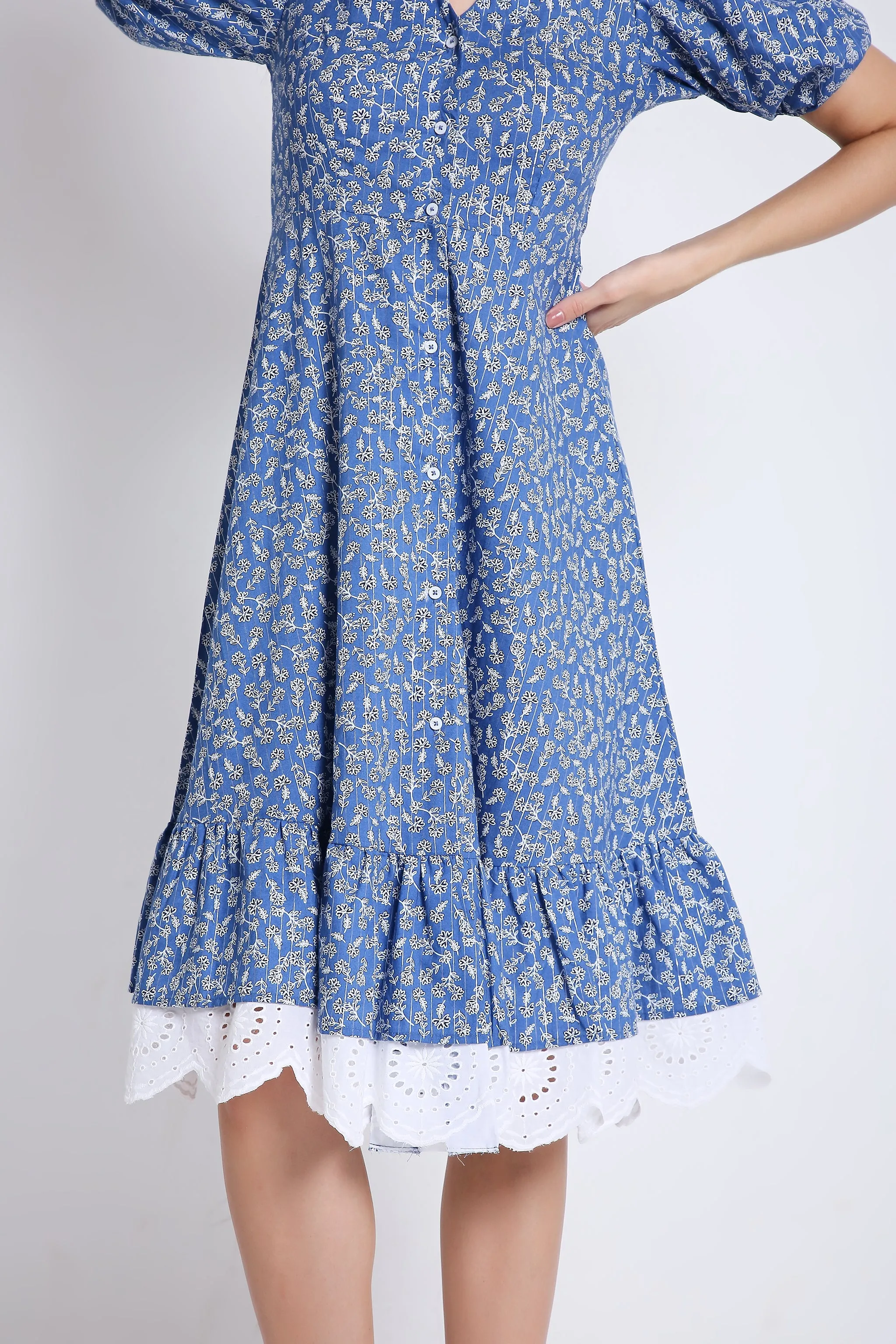 Puff Sleeve & Contrast Lace Detail Blue Midi Dress French Theory