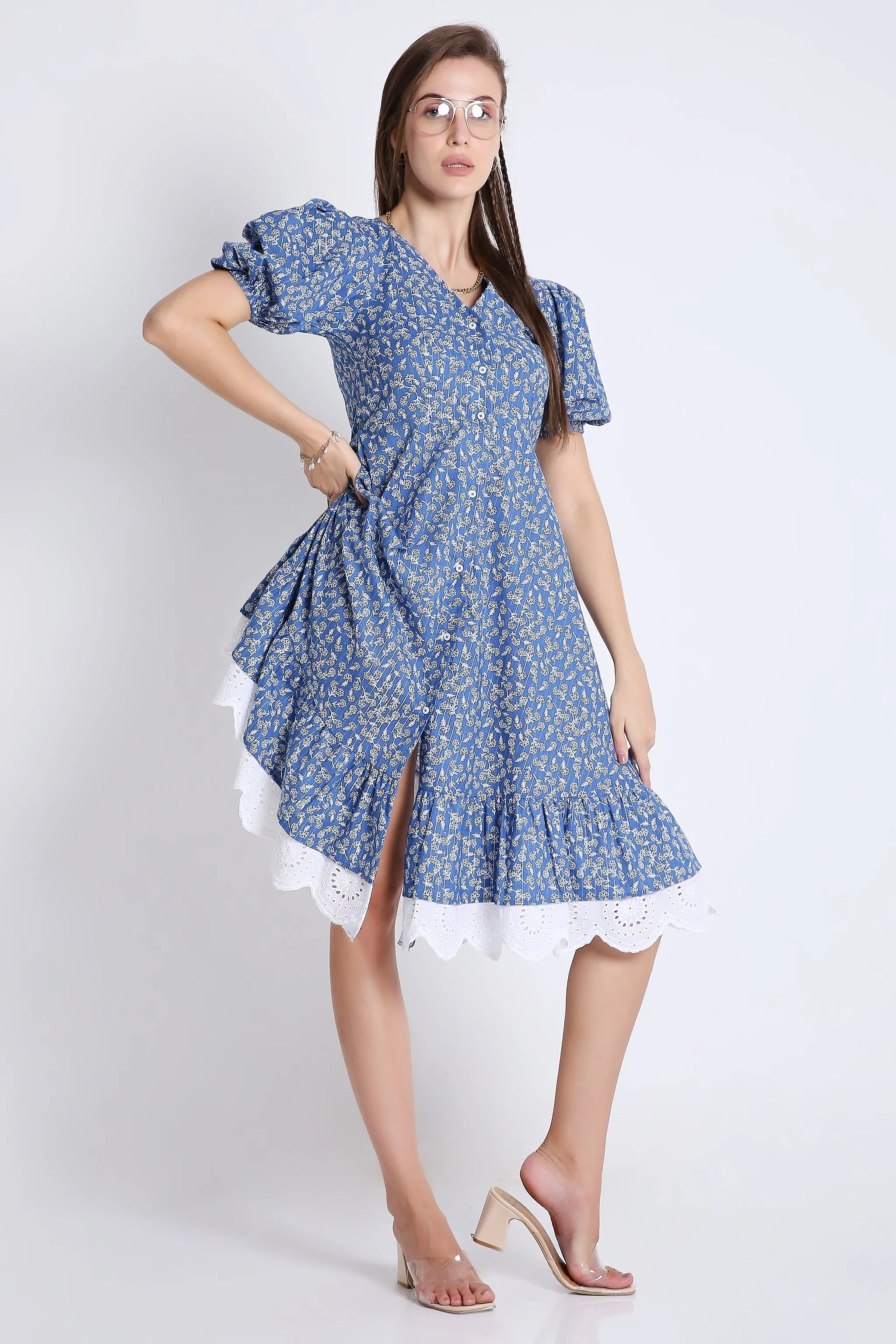 Puff Sleeve & Contrast Lace Detail Blue Midi Dress French Theory