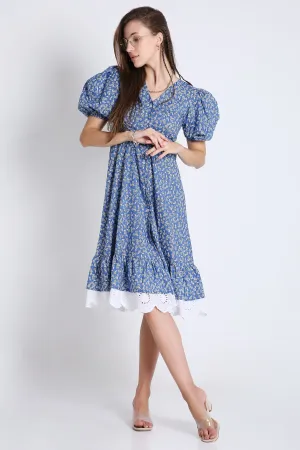 Puff Sleeve & Contrast Lace Detail Blue Midi Dress French Theory