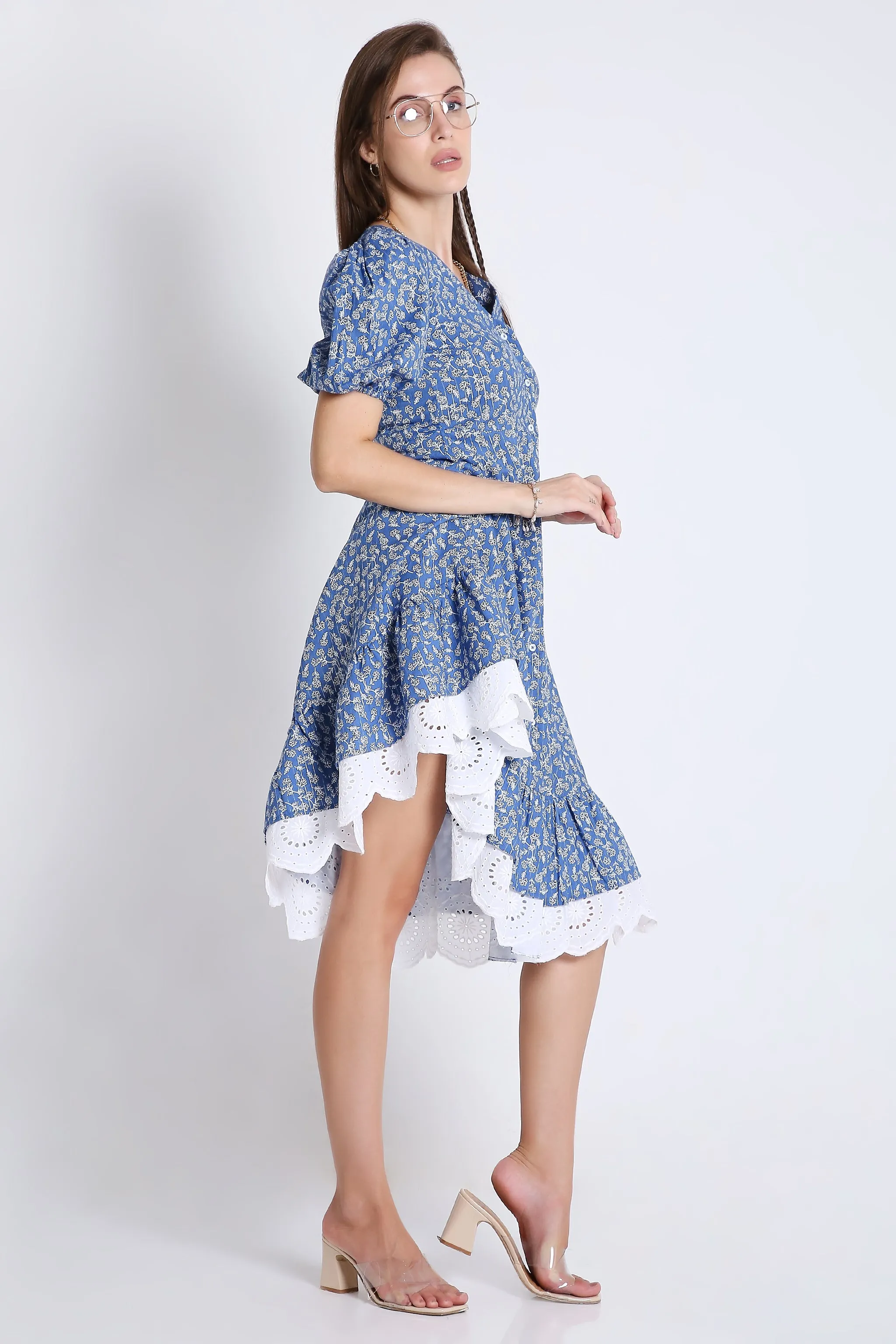 Puff Sleeve & Contrast Lace Detail Blue Midi Dress French Theory