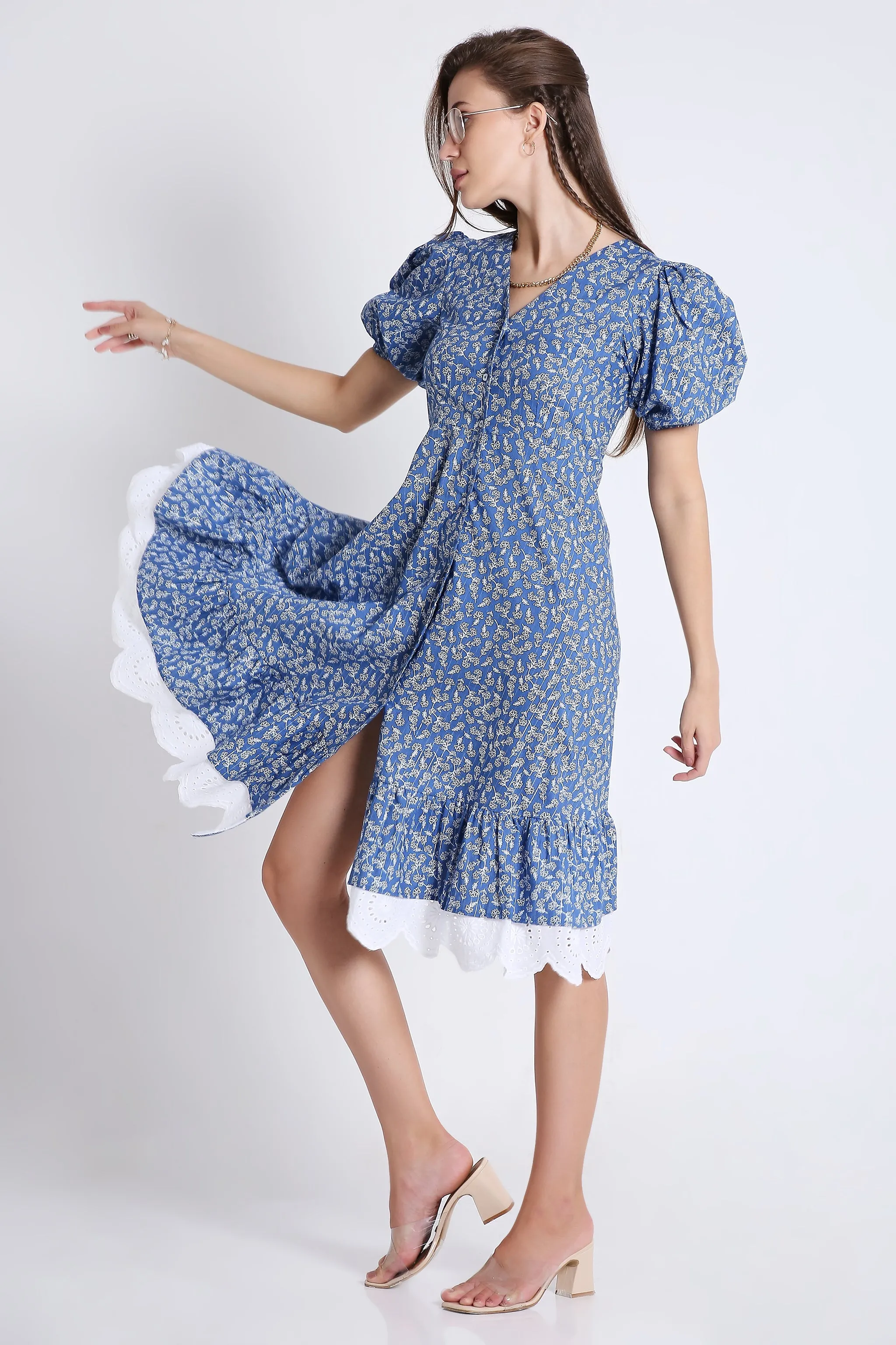 Puff Sleeve & Contrast Lace Detail Blue Midi Dress French Theory