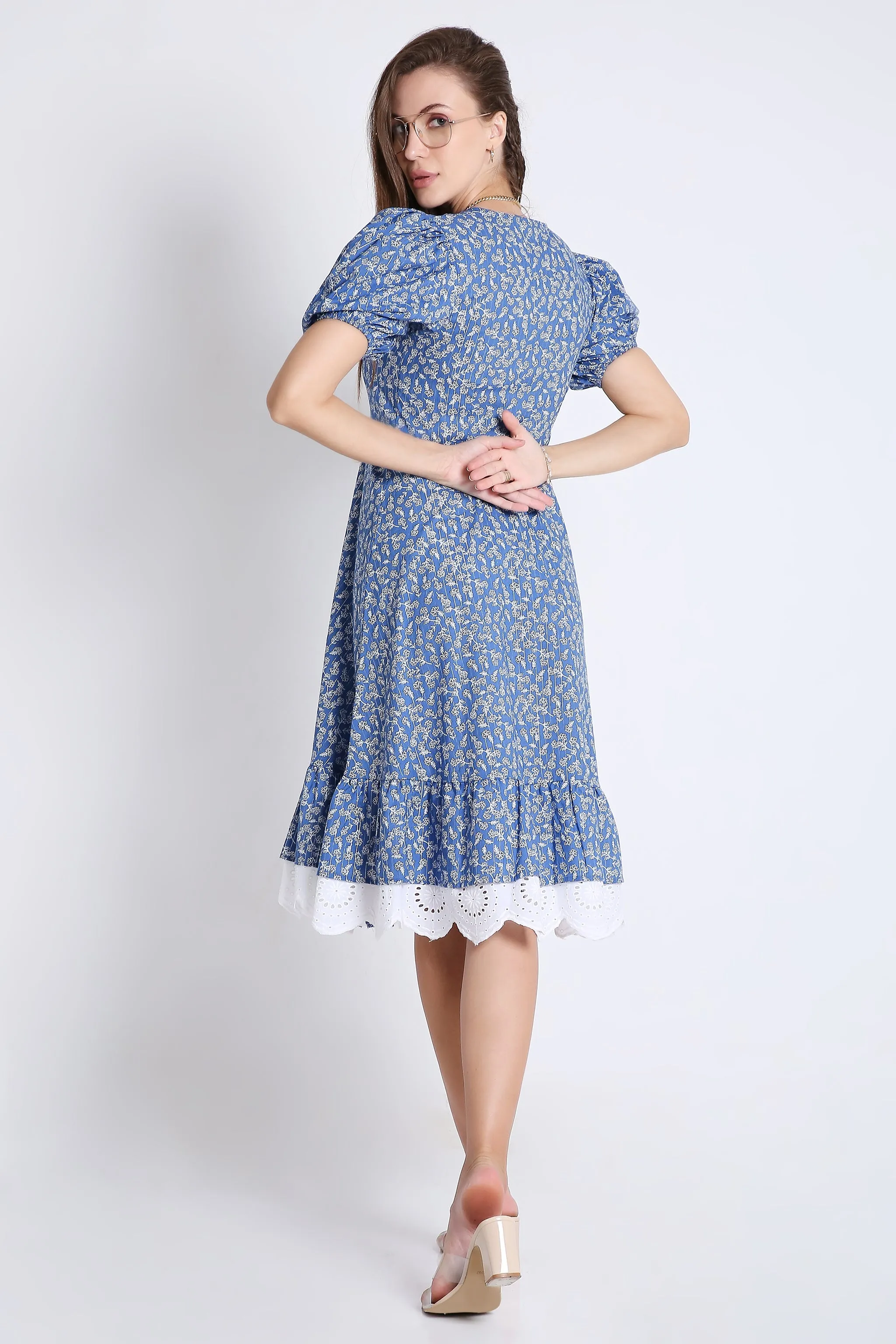 Puff Sleeve & Contrast Lace Detail Blue Midi Dress French Theory