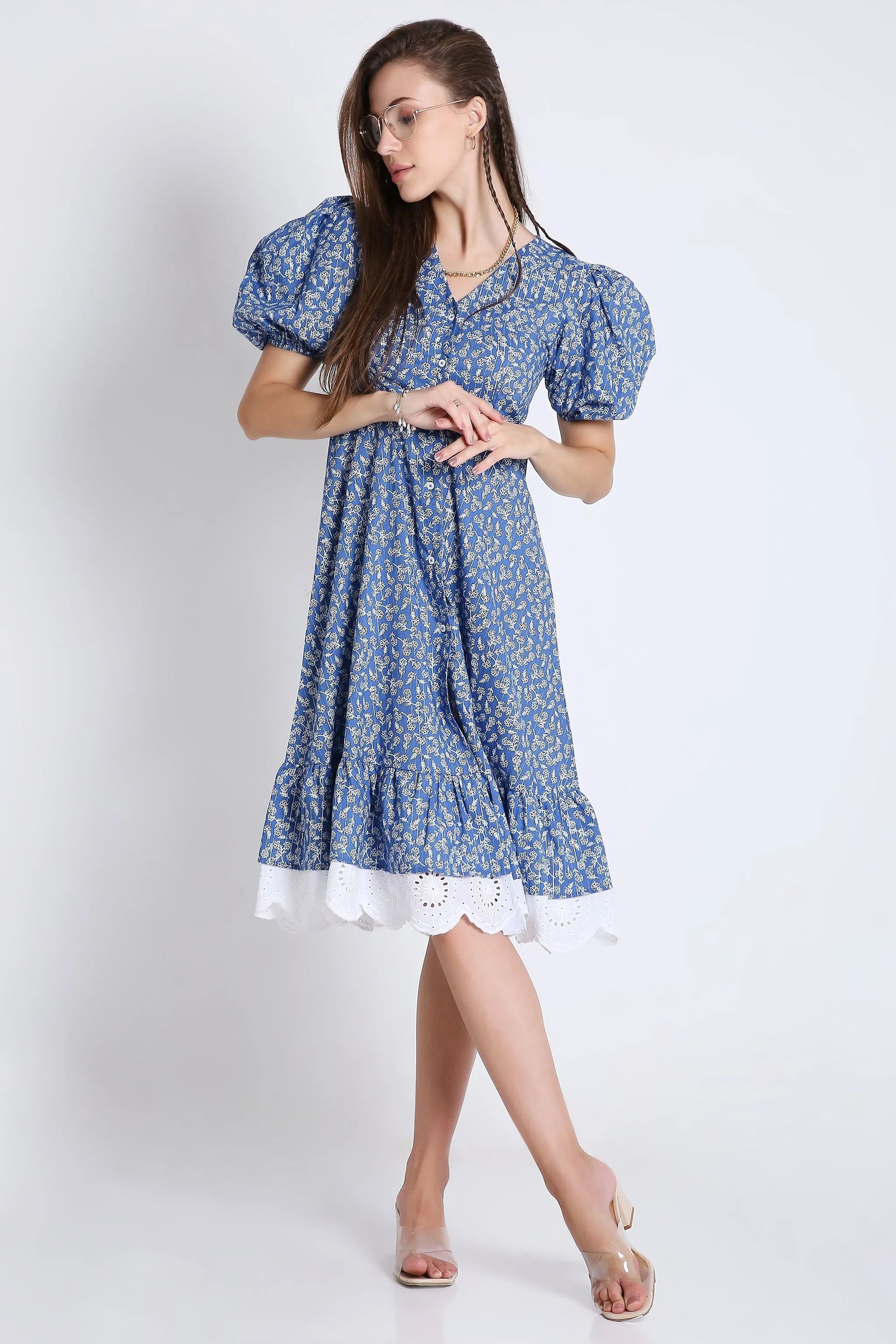 Puff Sleeve & Contrast Lace Detail Blue Midi Dress French Theory