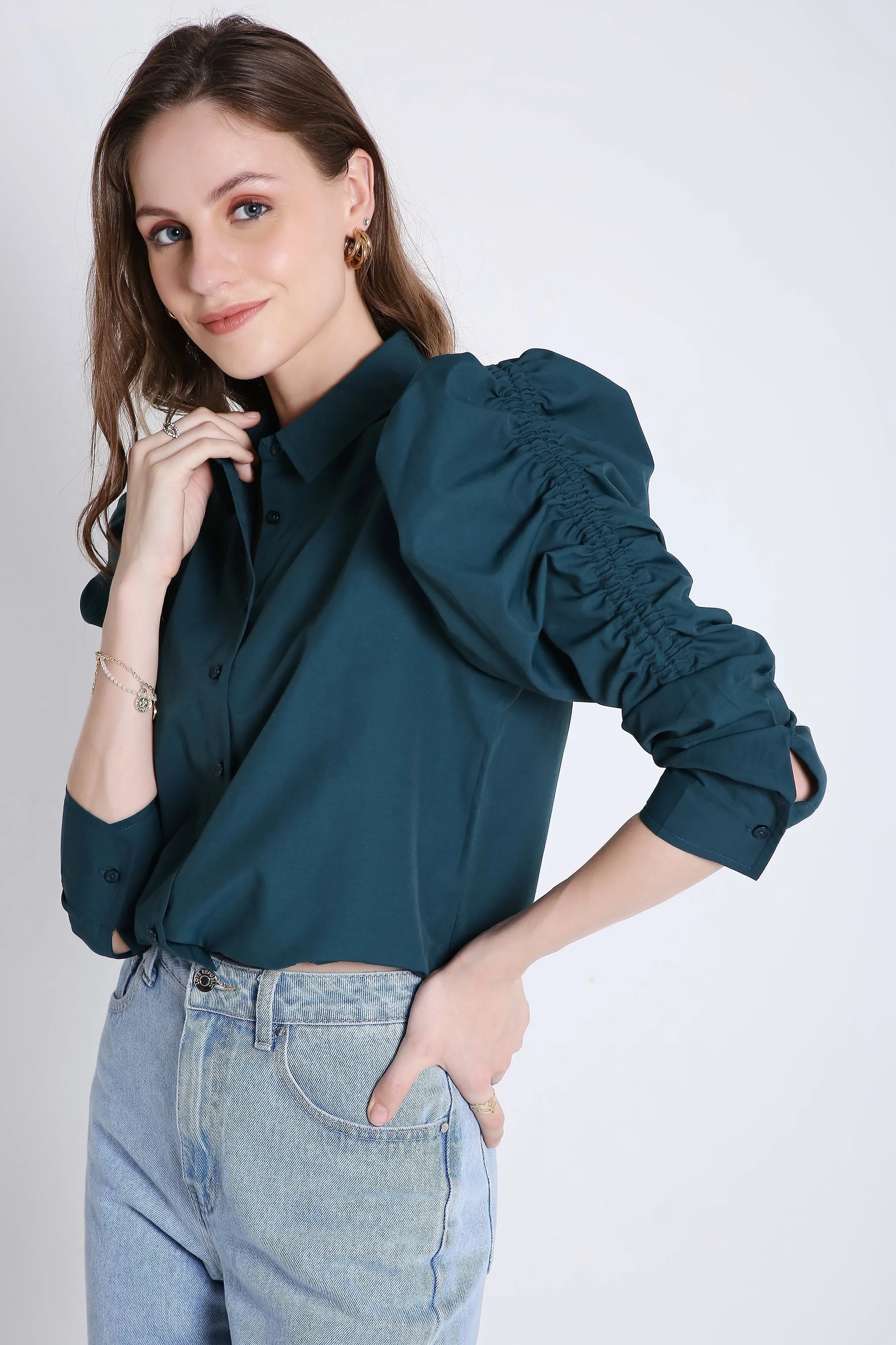 Rushed Sleeve Blue Crop Shirt French Theory