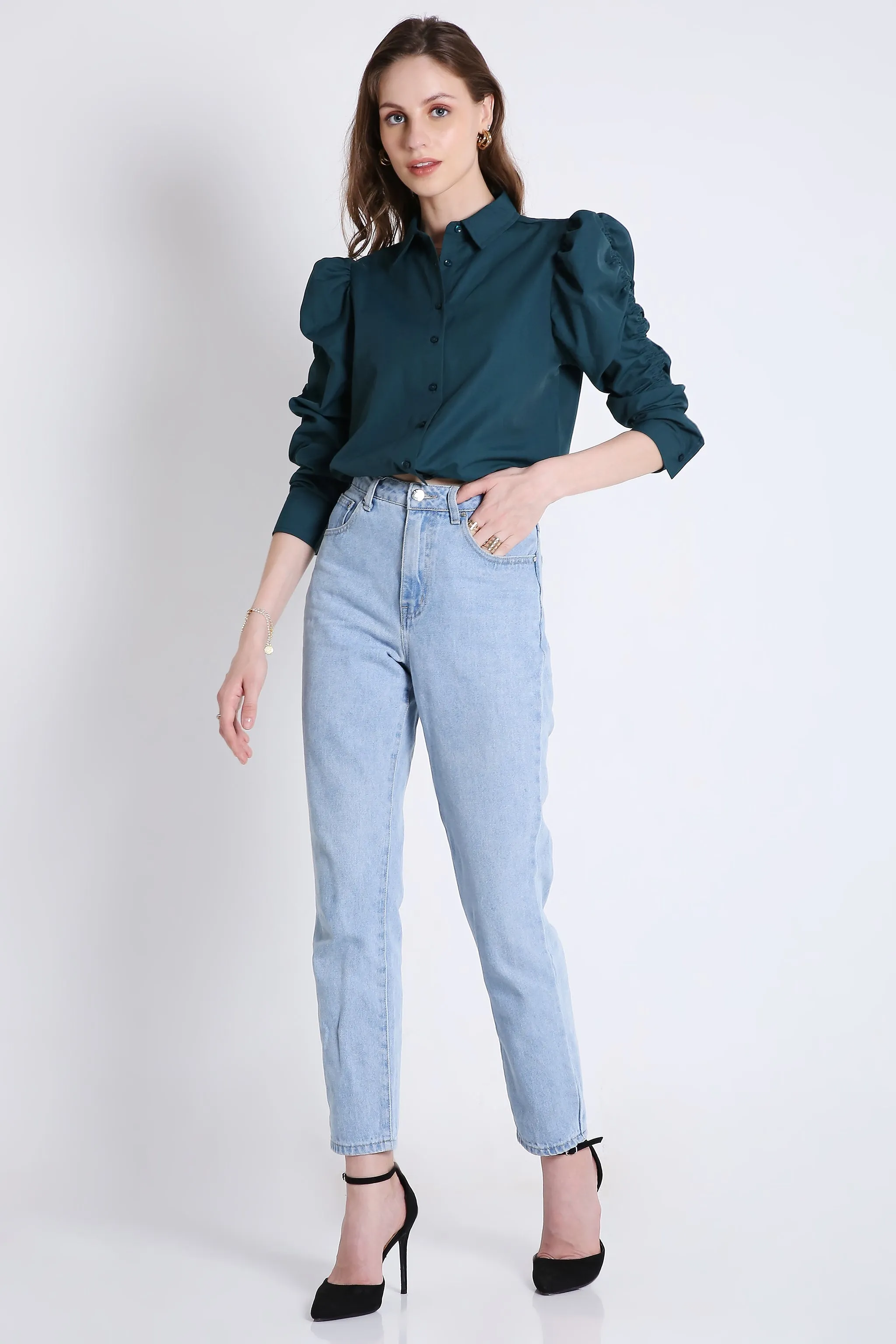 Rushed Sleeve Blue Crop Shirt French Theory