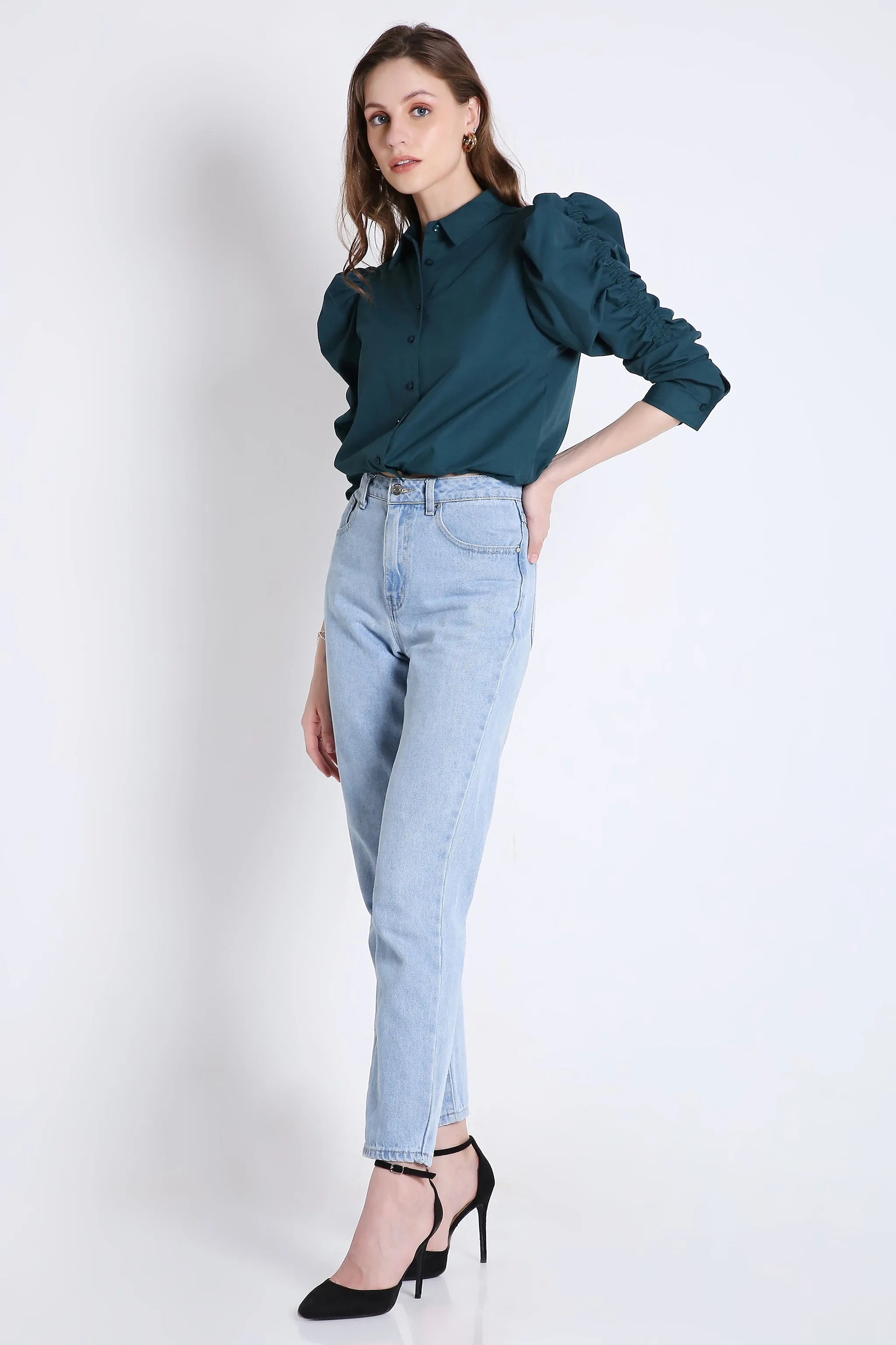 Rushed Sleeve Blue Crop Shirt French Theory