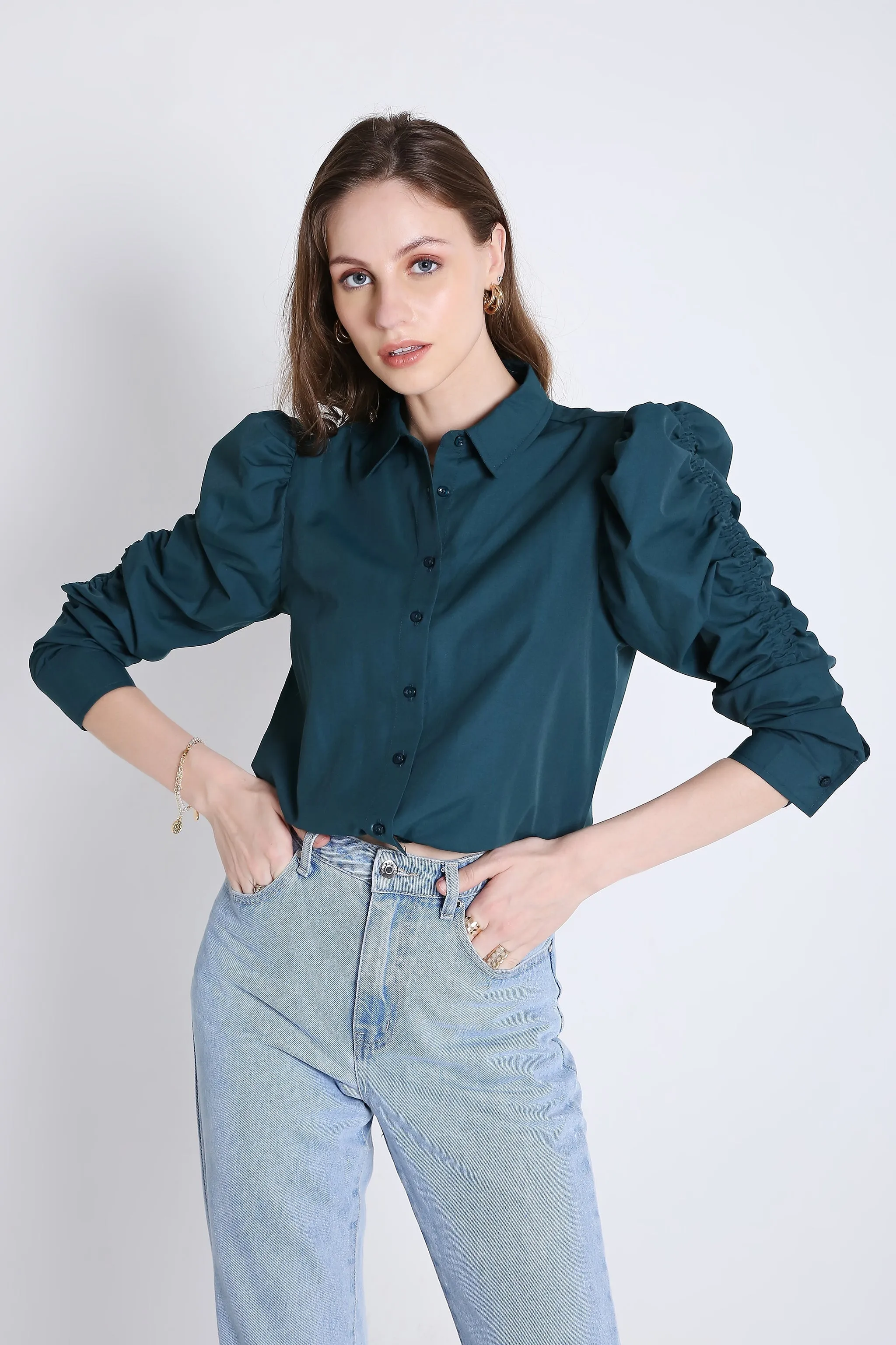 Rushed Sleeve Blue Crop Shirt French Theory