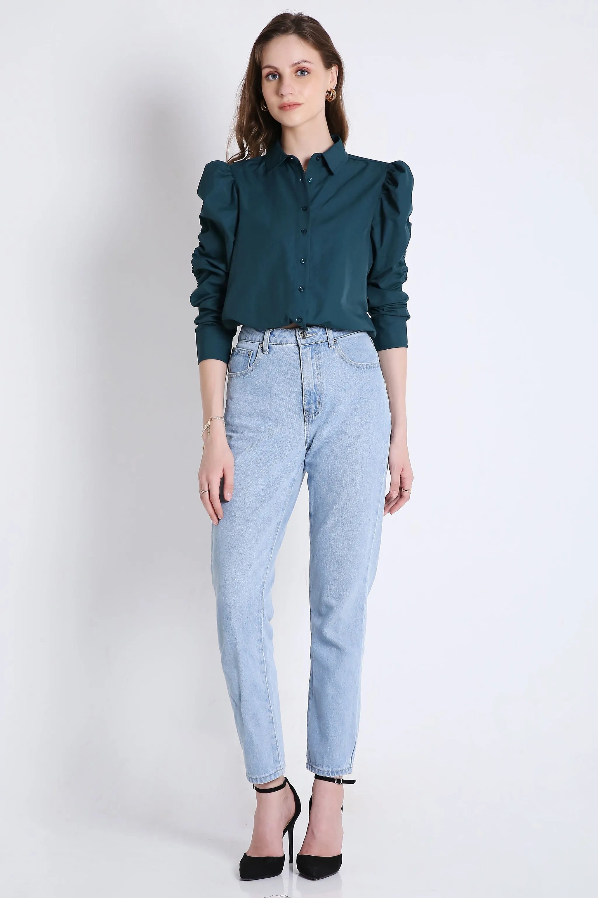 Rushed Sleeve Blue Crop Shirt French Theory