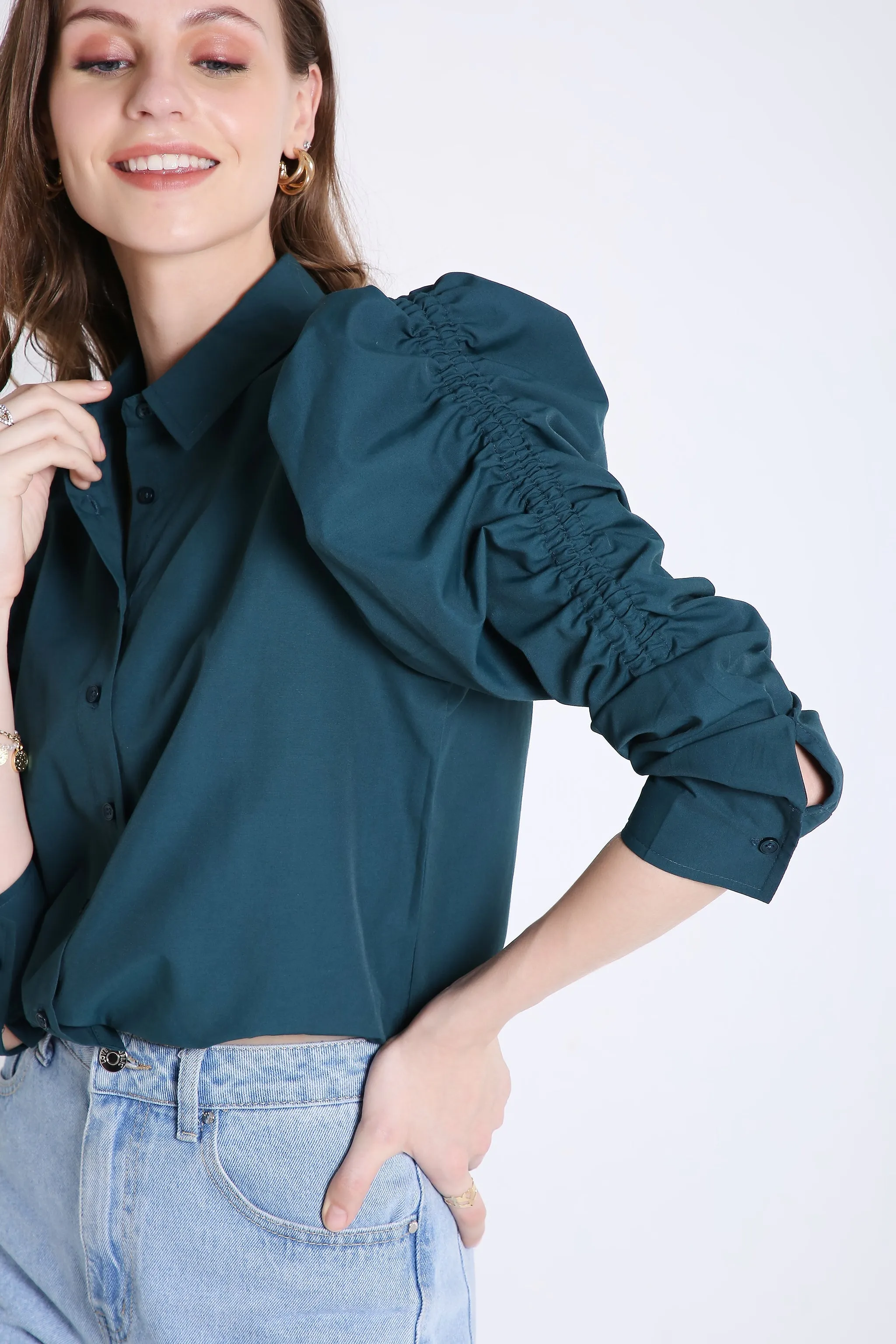 Rushed Sleeve Blue Crop Shirt French Theory