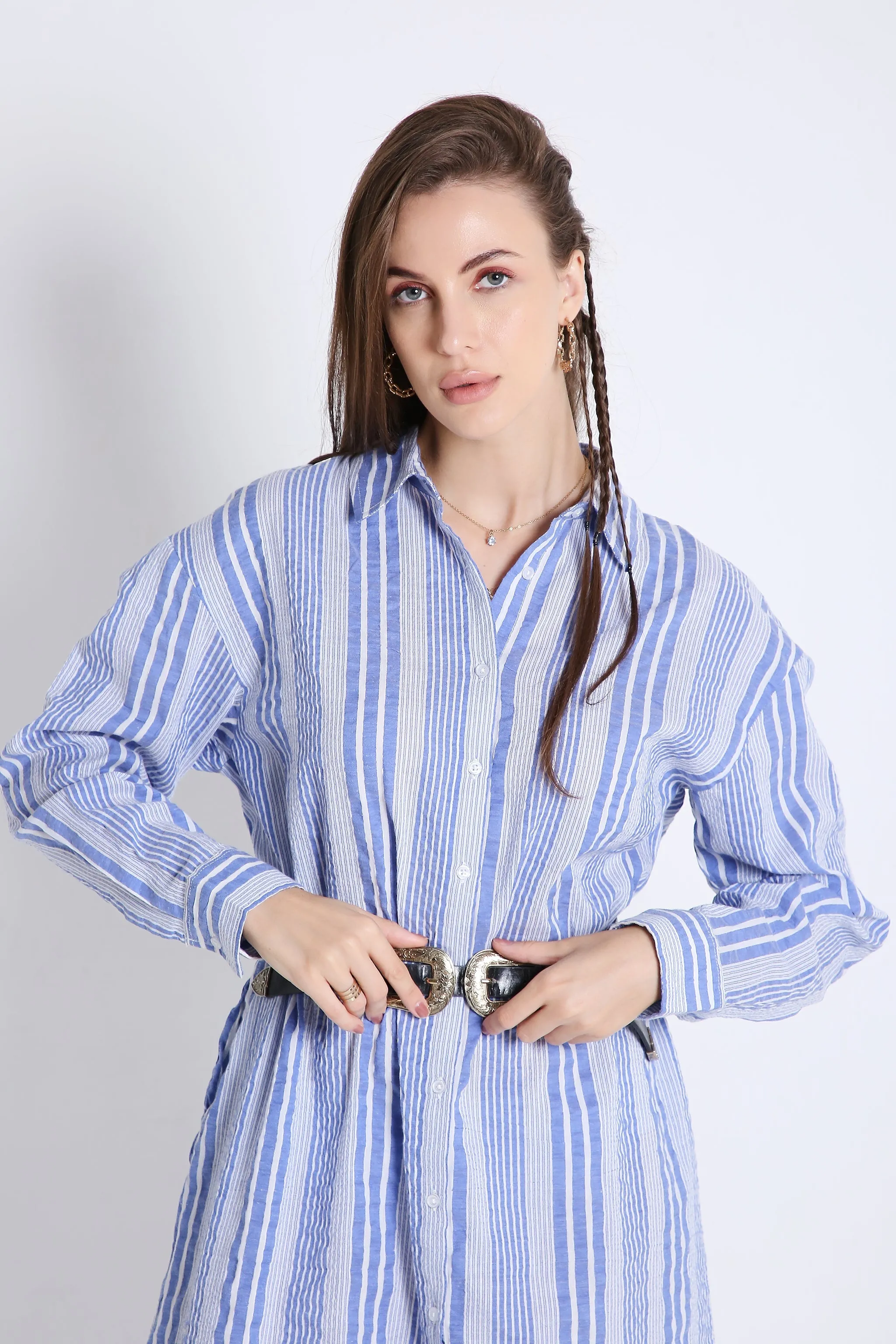 Short Shirt Dress in Crushed Stripes with Long Sleeves French Theory