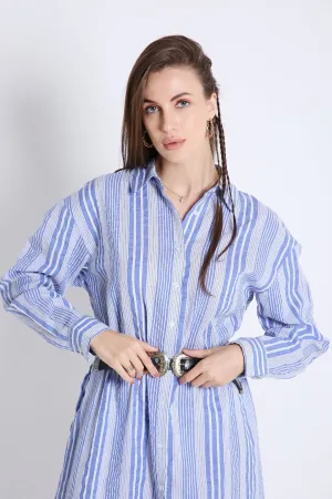 Short Shirt Dress in Crushed Stripes with Long Sleeves French Theory