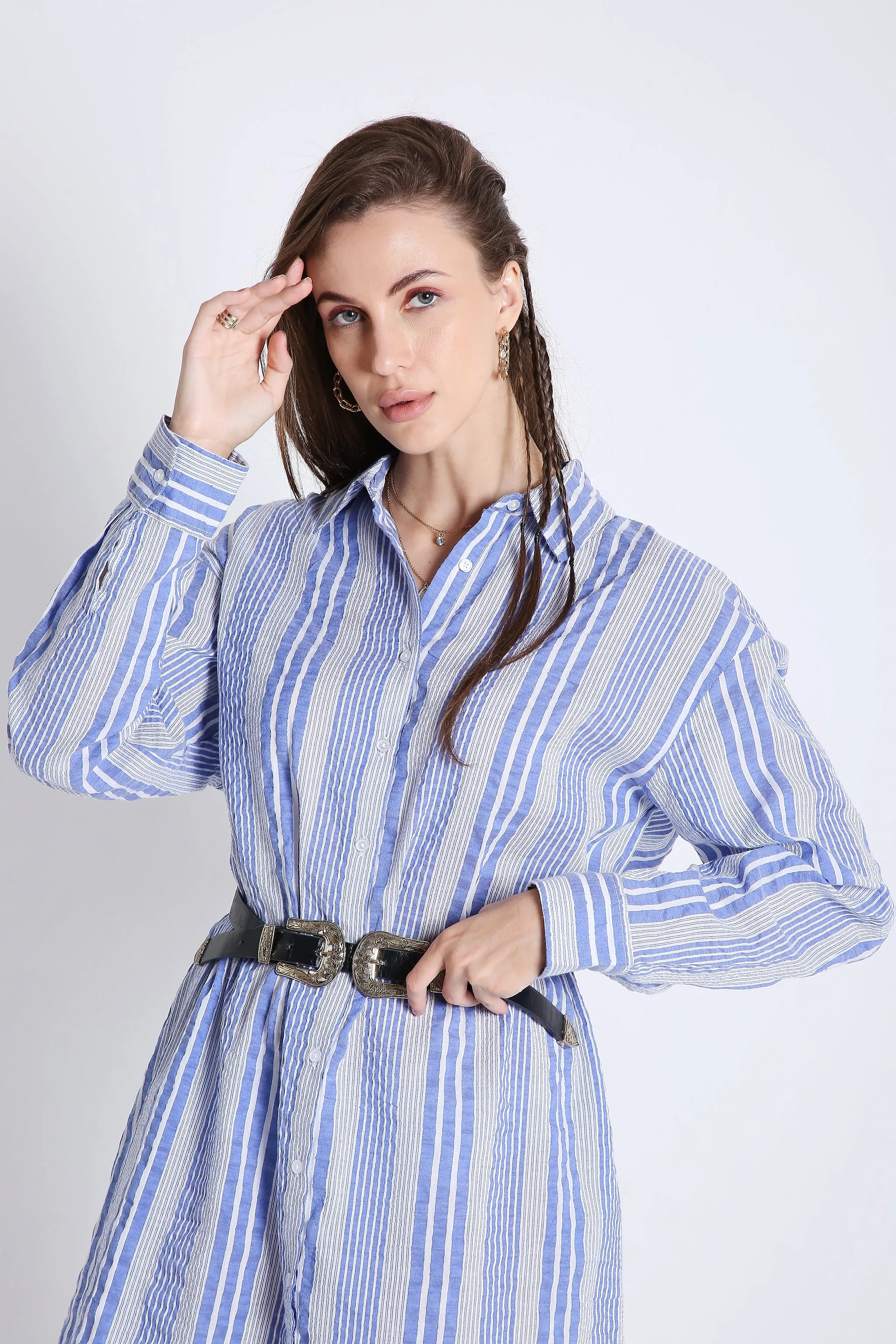 Short Shirt Dress in Crushed Stripes with Long Sleeves French Theory