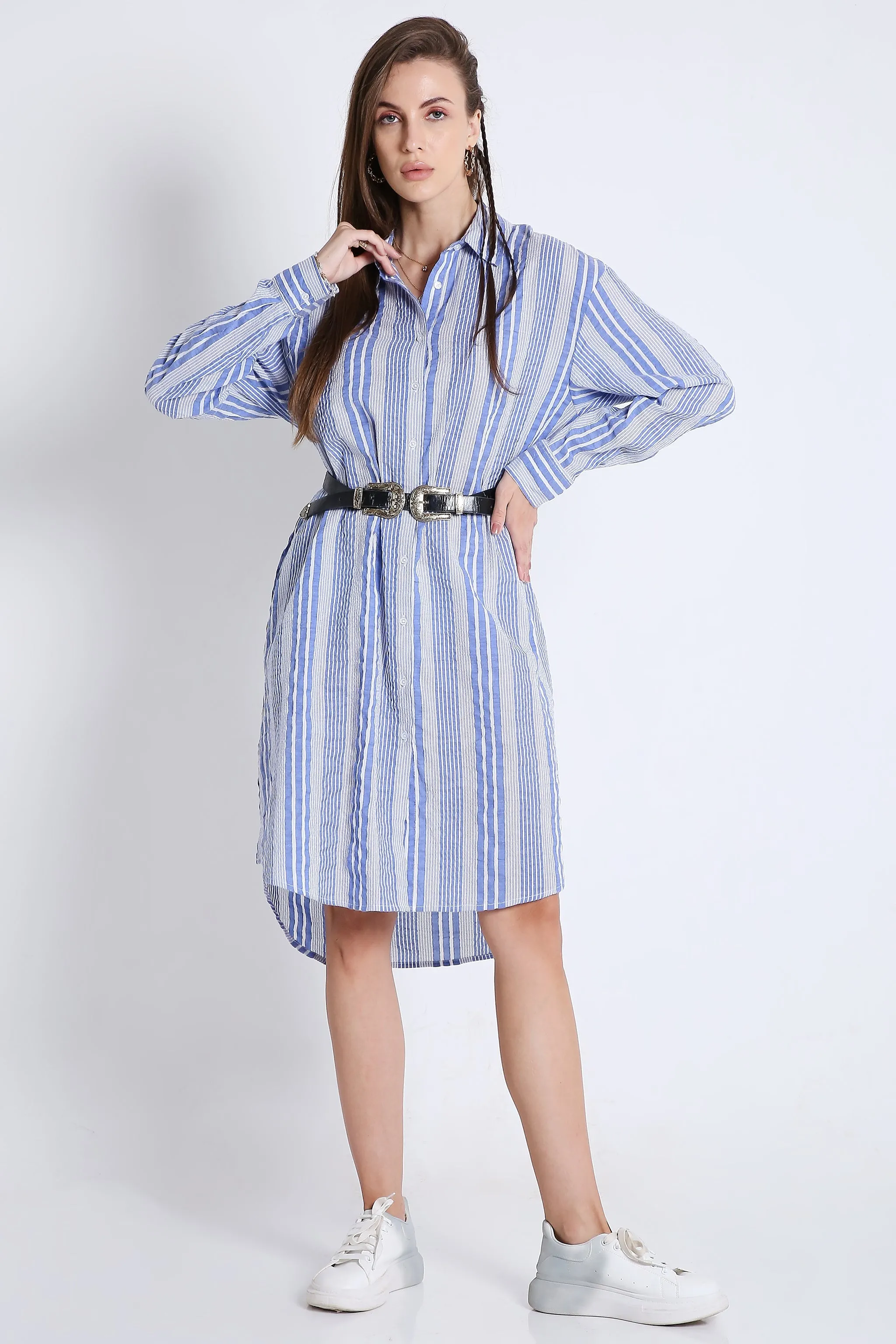 Short Shirt Dress in Crushed Stripes with Long Sleeves French Theory