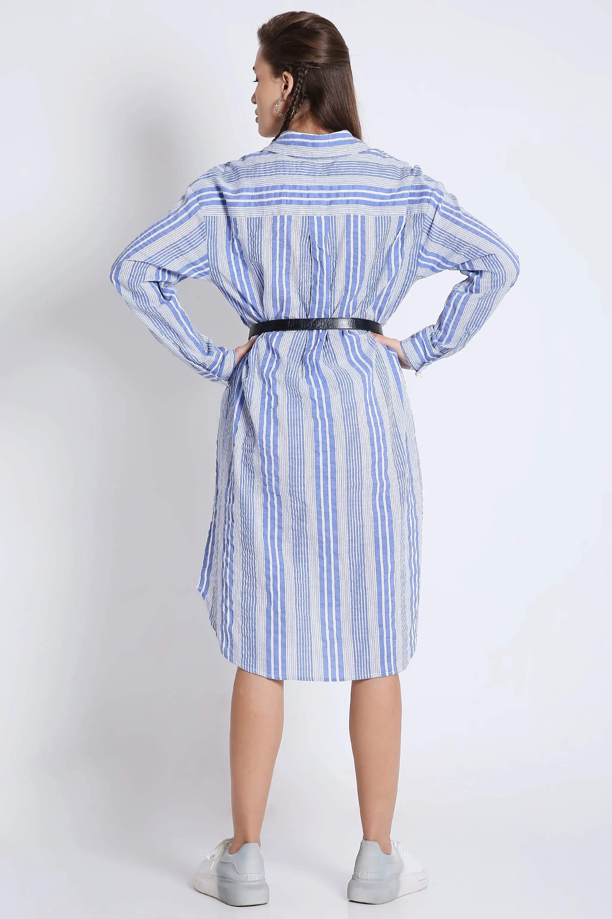 Short Shirt Dress in Crushed Stripes with Long Sleeves French Theory