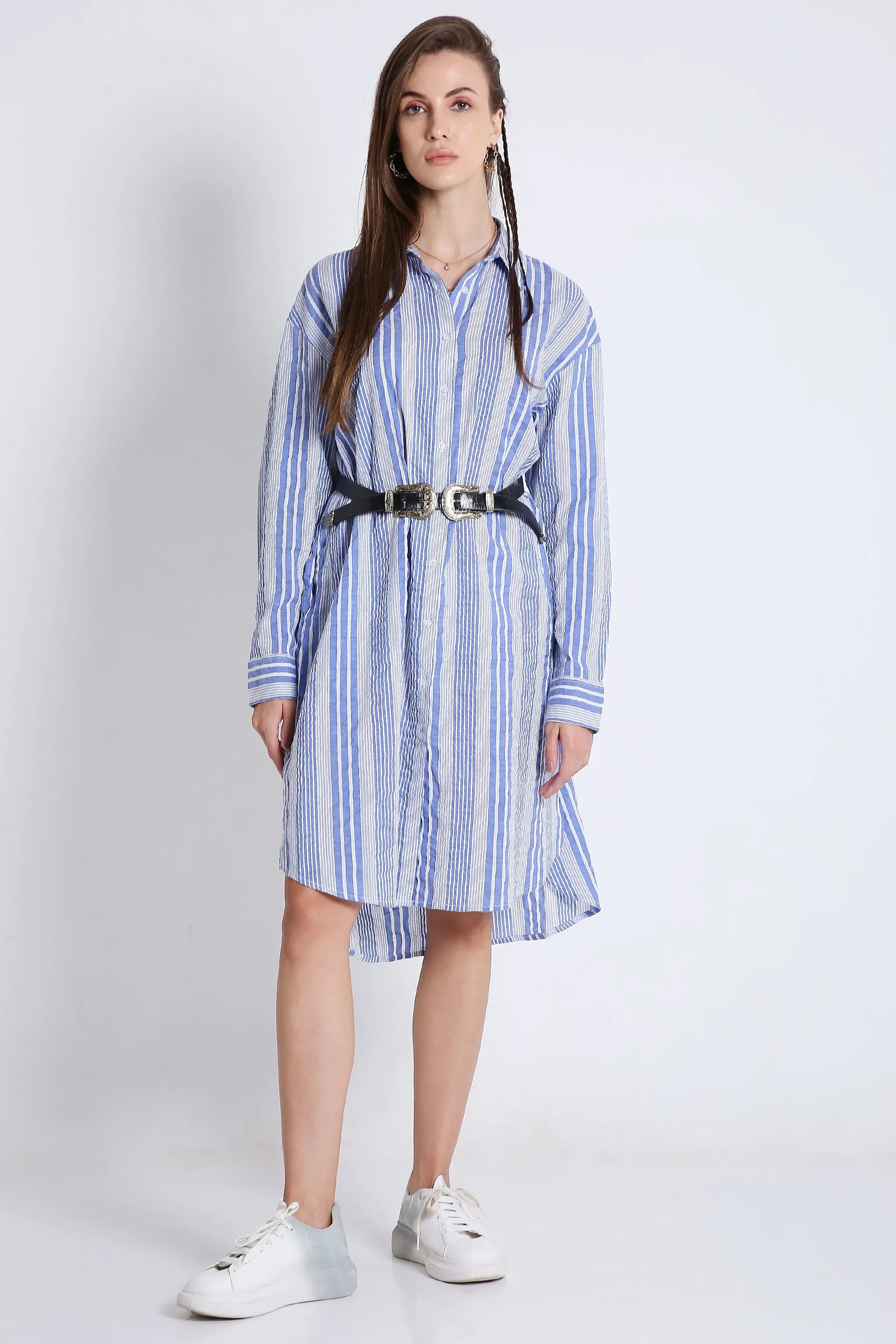 Short Shirt Dress in Crushed Stripes with Long Sleeves French Theory