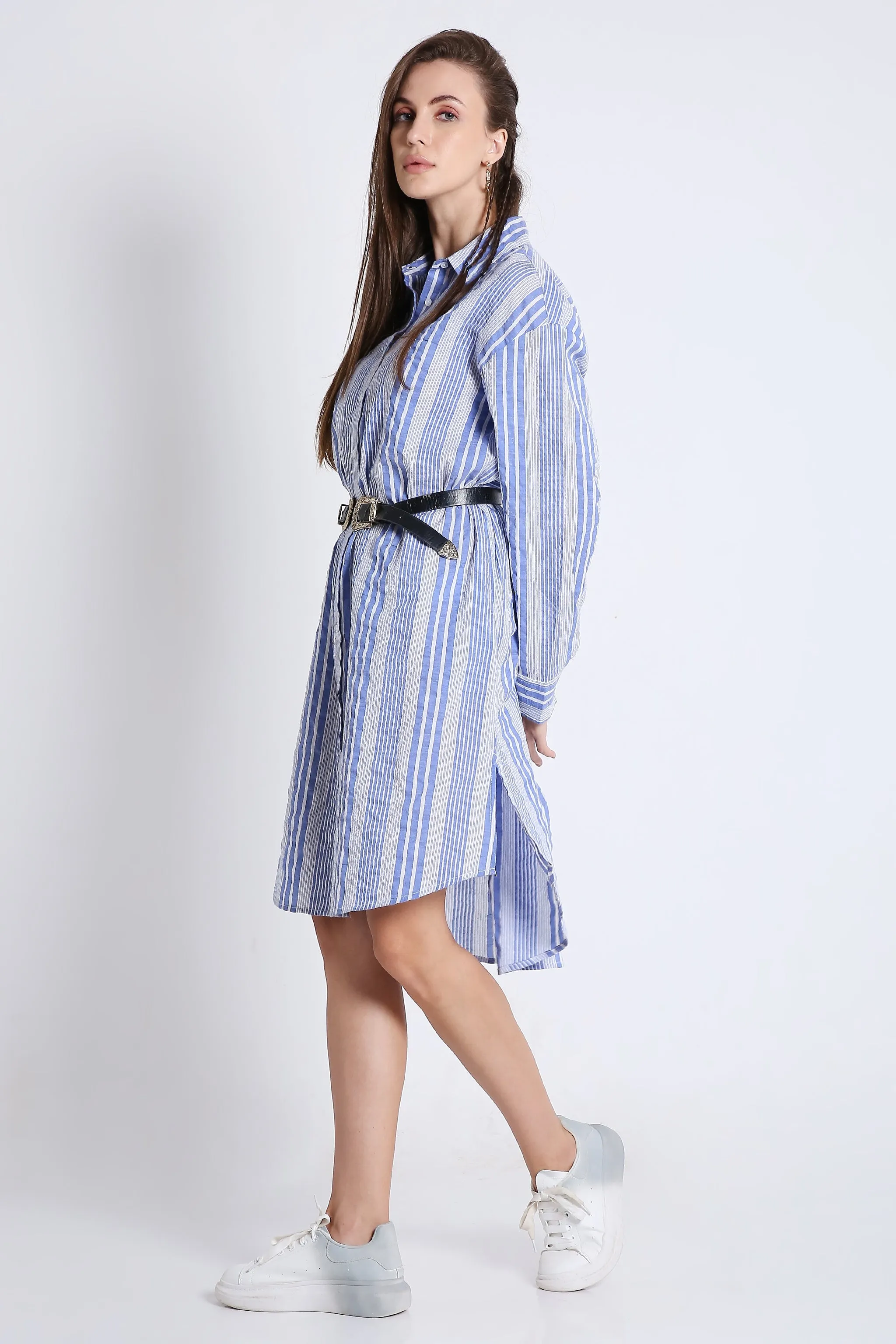 Short Shirt Dress in Crushed Stripes with Long Sleeves French Theory