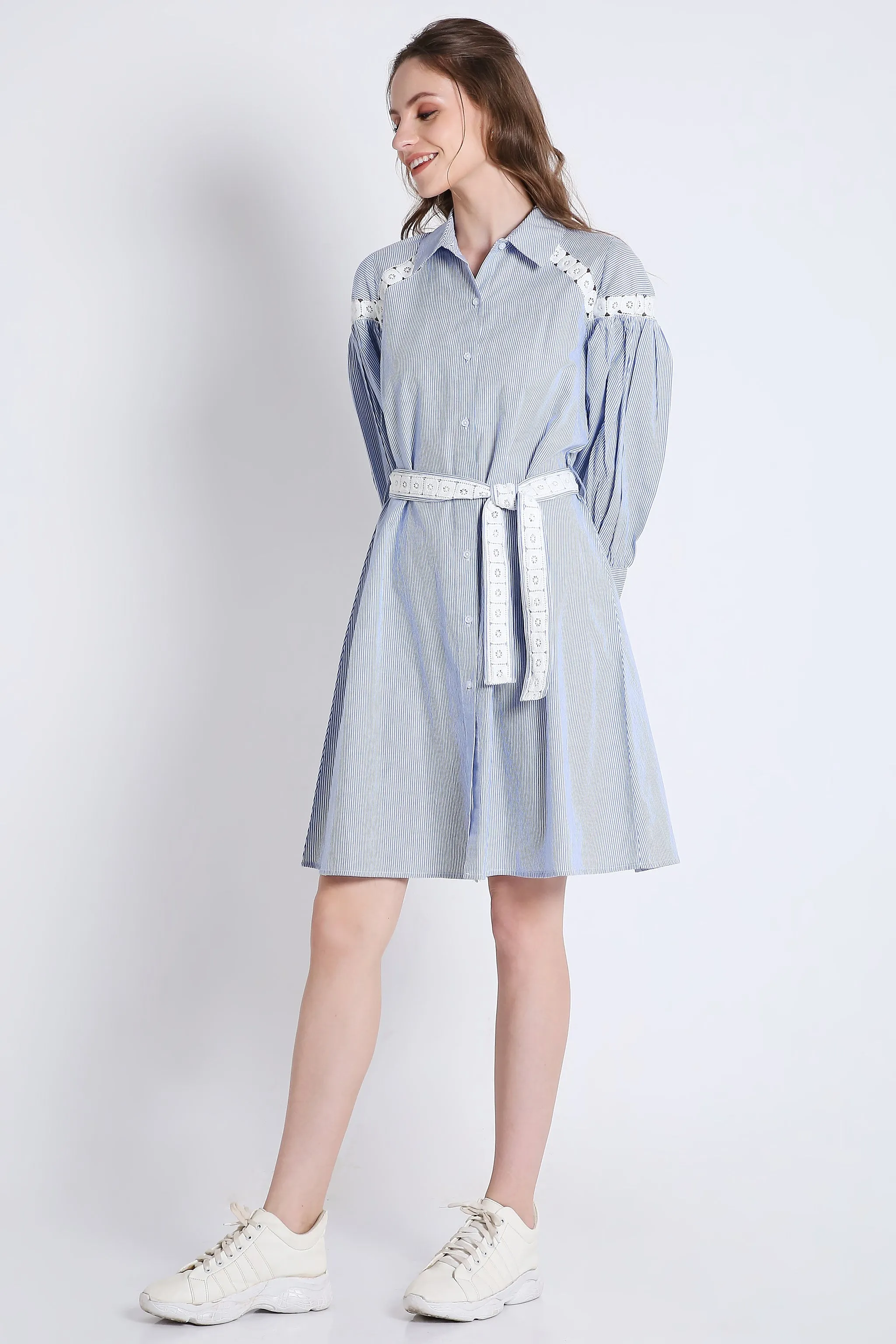 Short Shirt Dress in Stripes with Long Sleeves & Lace Detail French Theory