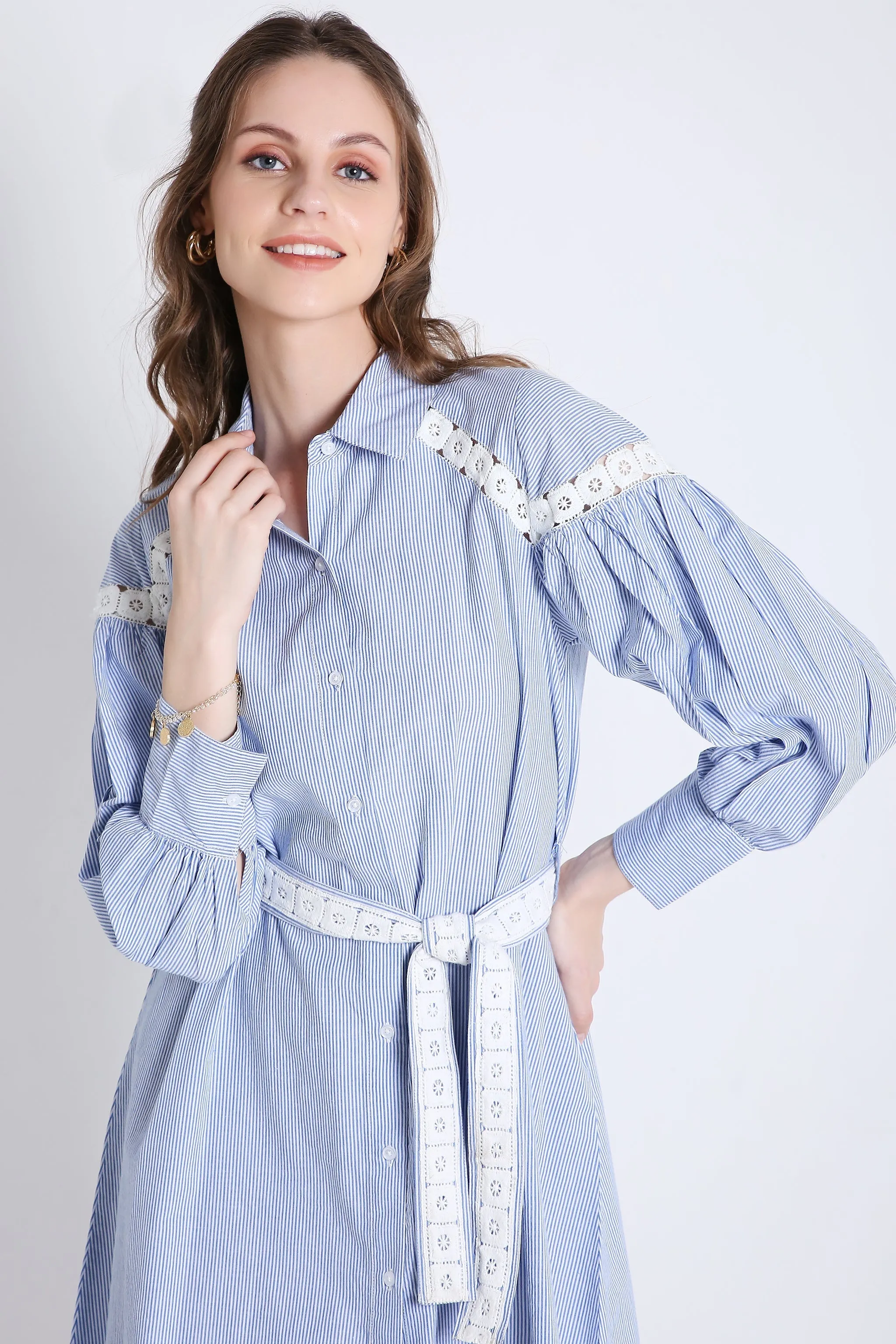 Short Shirt Dress in Stripes with Long Sleeves & Lace Detail French Theory