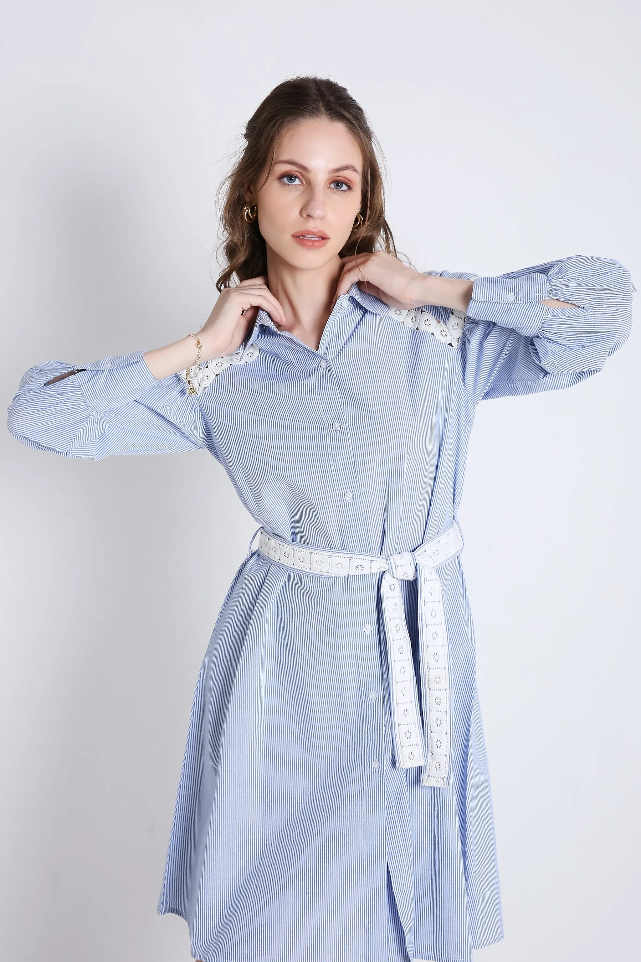 Short Shirt Dress in Stripes with Long Sleeves & Lace Detail French Theory